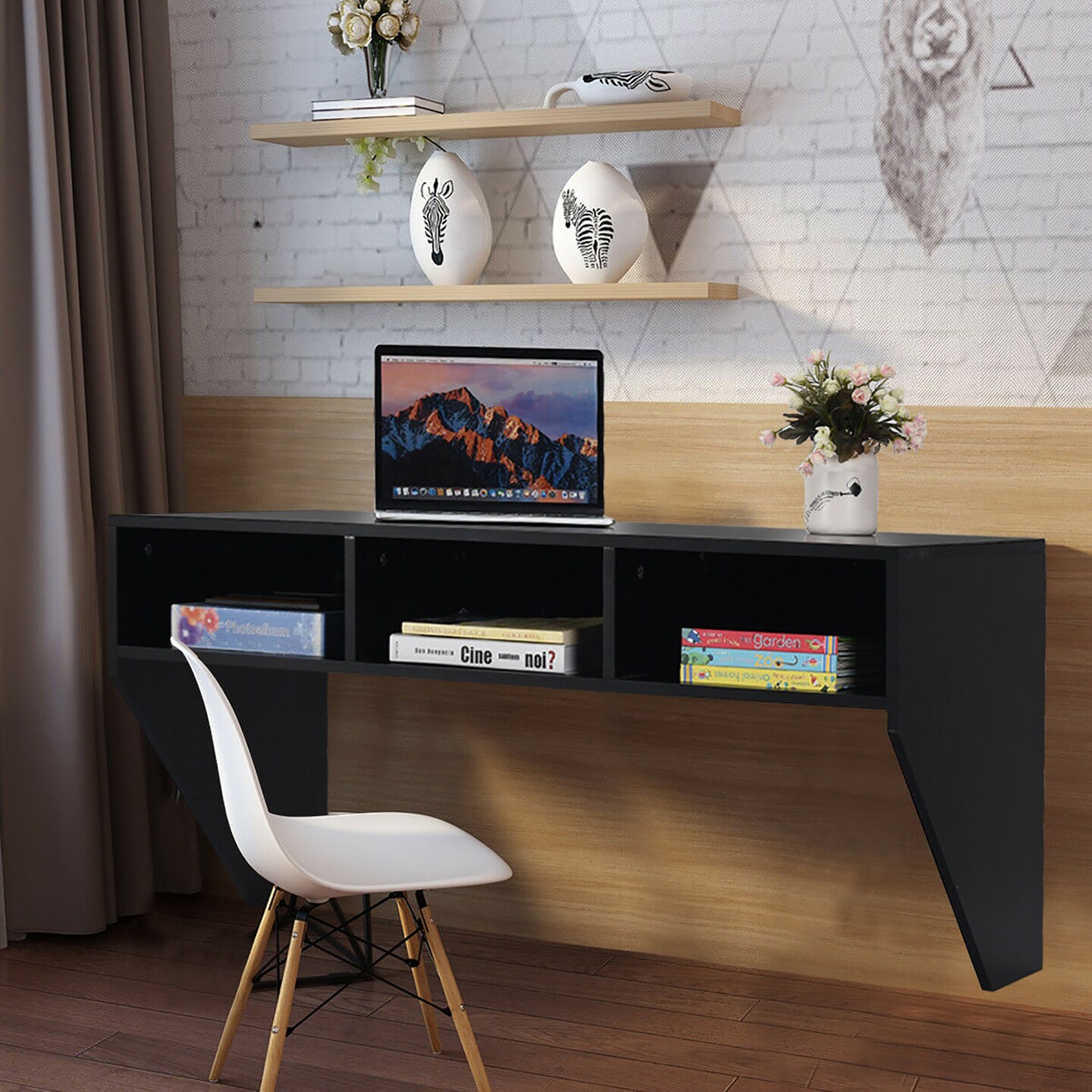 Costway Wall Mounted Floating Computer Table Sturdy Desk Home Office Furni Storag Shelf