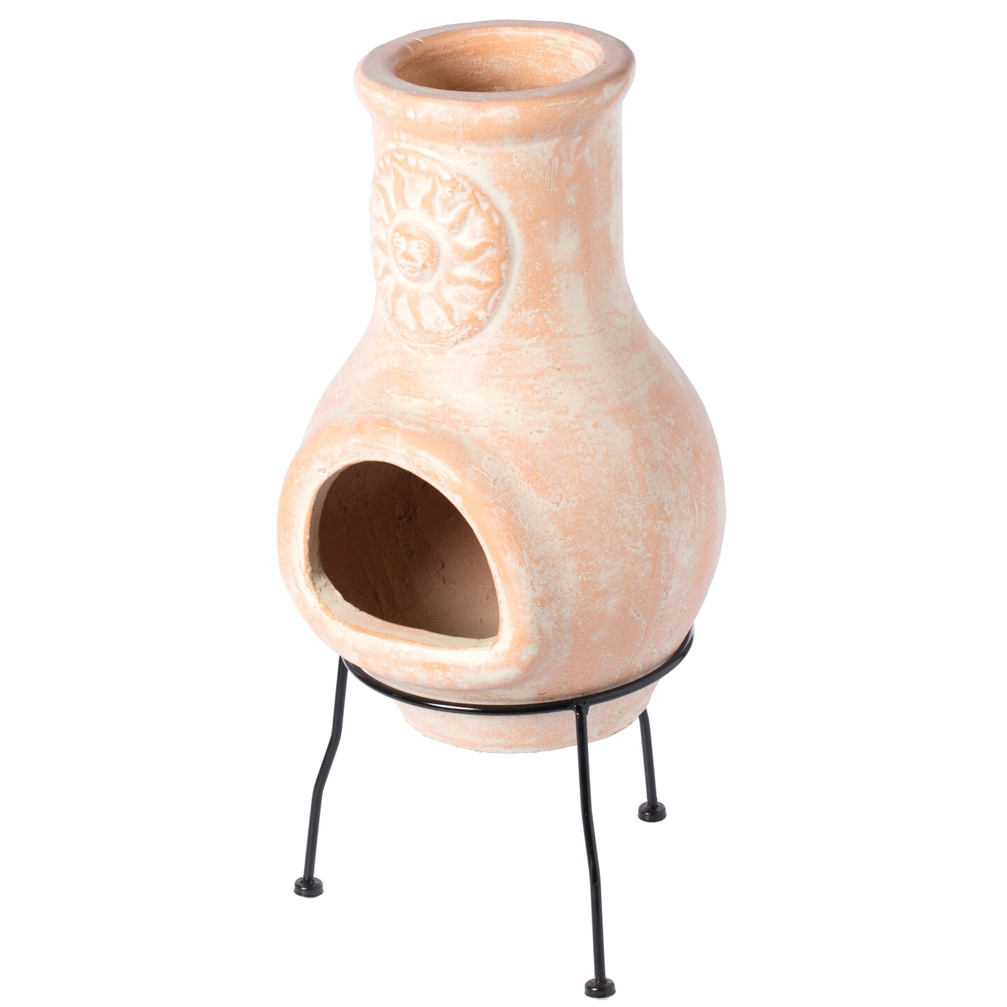 Beige Outdoor Clay Ciminea Outdoor Fireplace Sun Design Charcoal Burning Fire Pit with Sturdy Metal Stand, Barbecue, Cocktail Party, Family Gathering, Cozy Nights Fire Pit