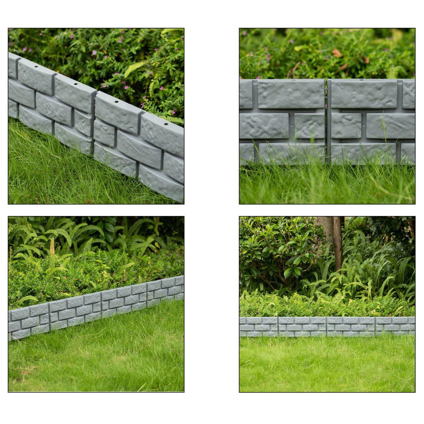 Imitation Stone Brick Designed Garden Border Edging Picket Fence, High Quality Fencing for Gardens, Landscape Edging, Pathways, Flower Beds, to Provide Protection from Animals, 4 Piece Set Grey