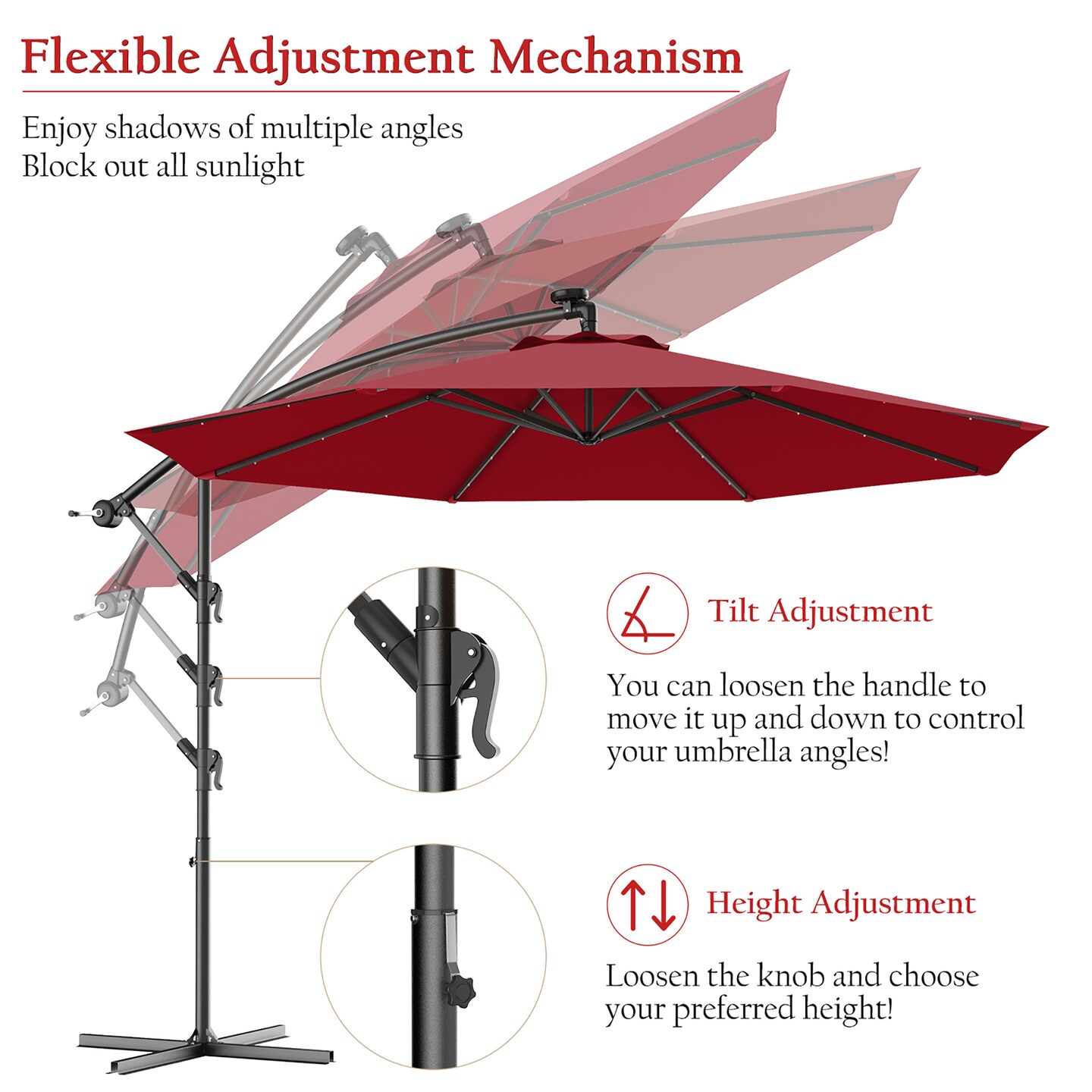 Costway 10&#x27; Hanging Solar LED Umbrella Patio Sun Shade Offset Market W/Base Burgundy