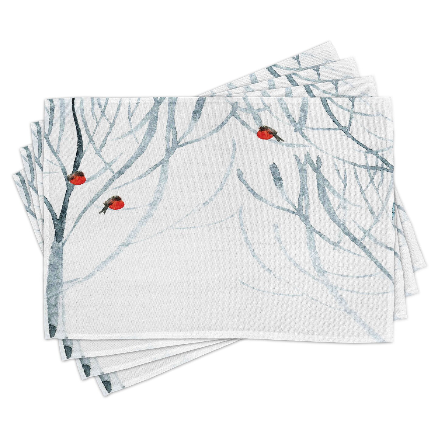 Ambesonne Modern Place Mats Set of 4, Trees Water Colored Image of Winter Woods with Bullfinches Print, Washable Fabric Placemats for Dining Table, Standard Size, Pale Grey White