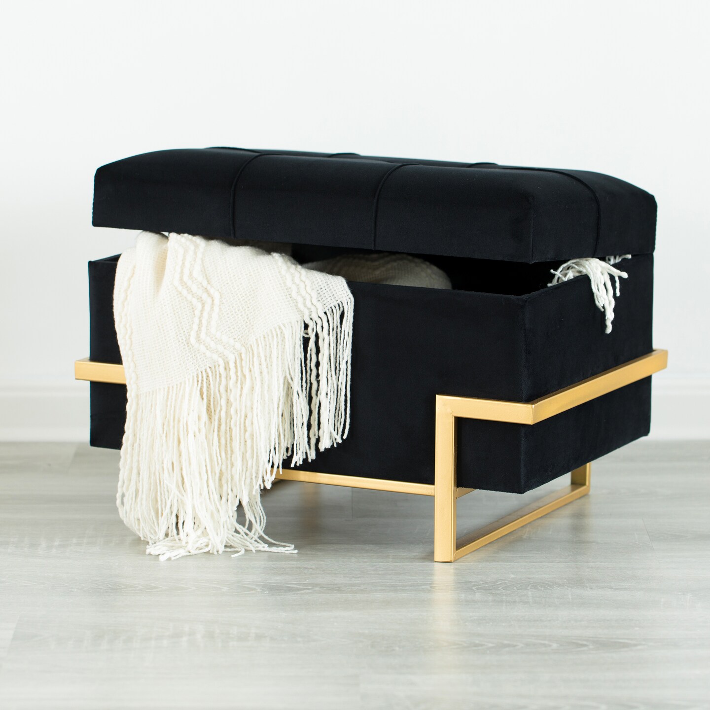 Rectangle Velvet Storage Ottoman Stool Box with Abstract Golden Legs | Decorative Sitting Bench for Living Room Home Decor with Unique Base Support
