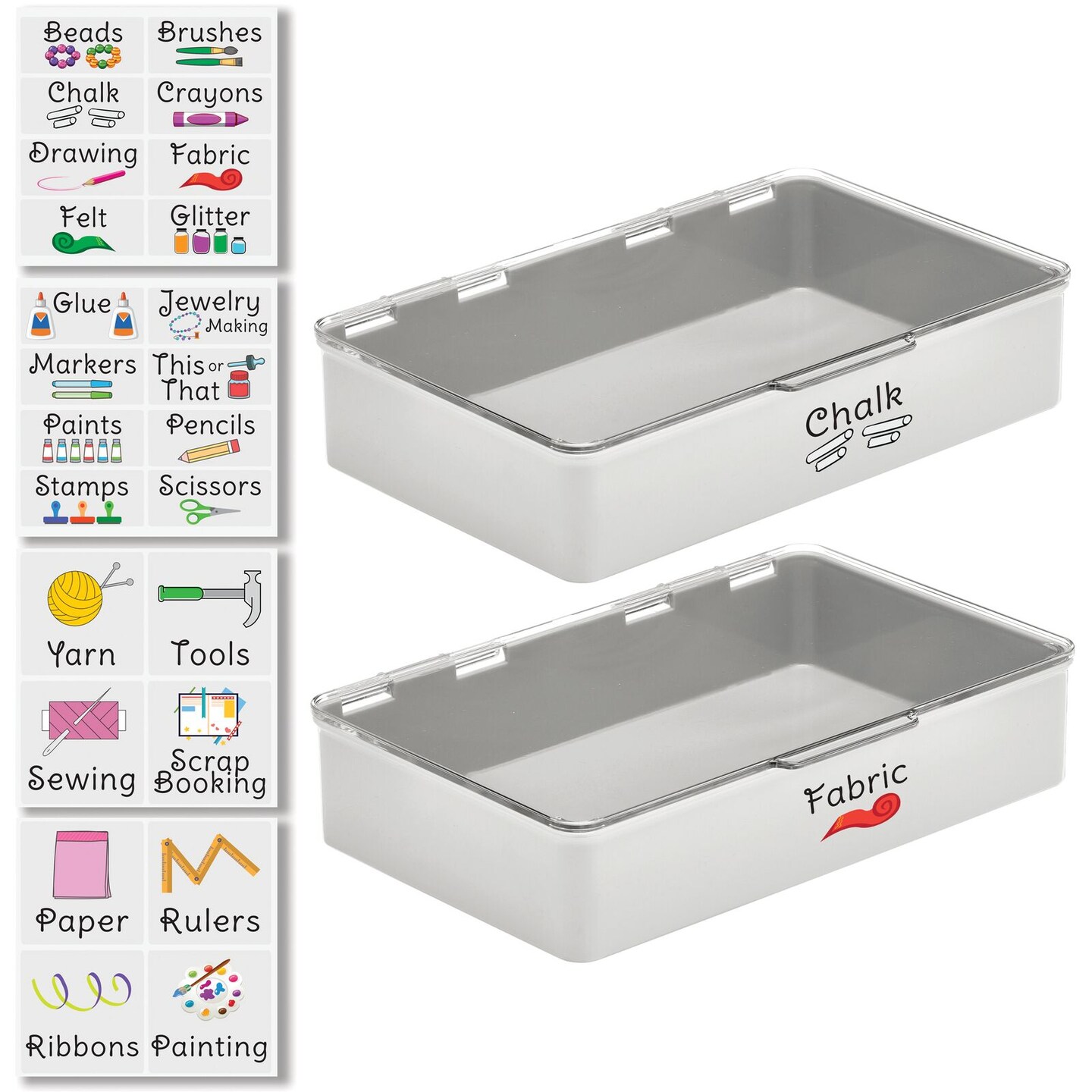 mDesign Stackable Plastic Craft, Sewing Storage Box, 2 Pack + 32 Labels