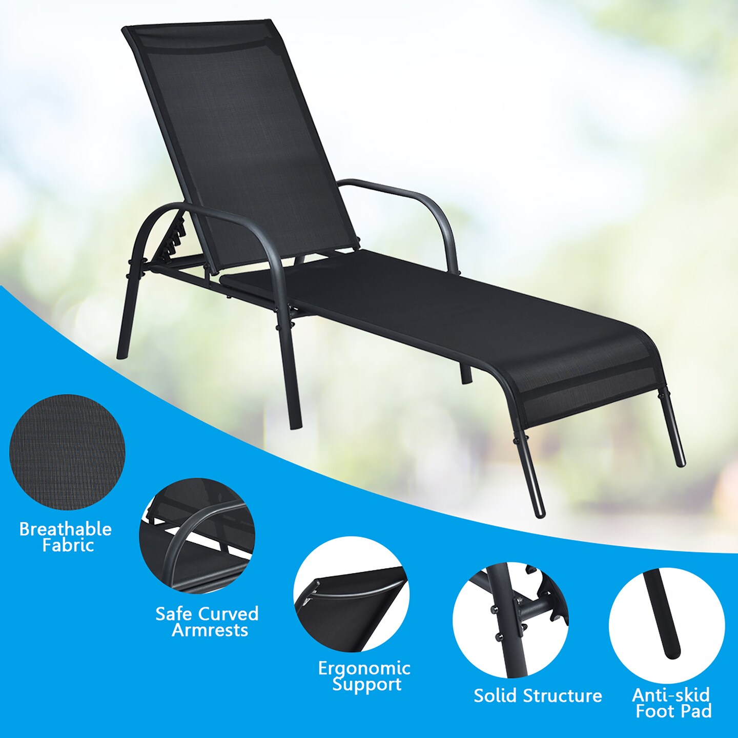 Costway Set of 2 Patio Lounge Chairs Sling Chaise Lounge Recliner Adjustable Back
