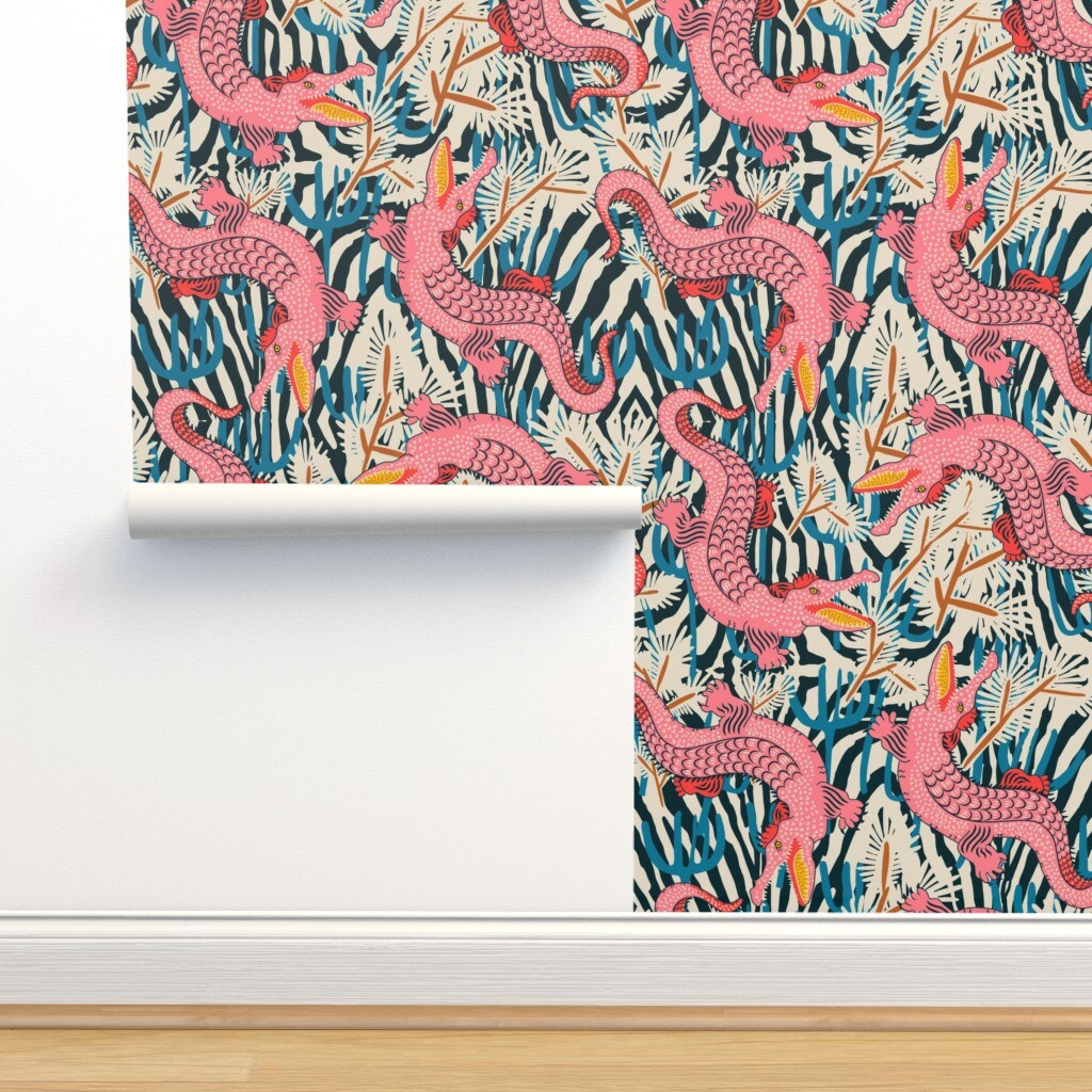 Pink Gator Bright Animal Alligator Maximalism Reptile Large Scale Tropical Floral Crocodile Custom Pre-pasted Wallpaper by Spoonflower Pre-Pasted Wallpaper 2FT Wide 10520330