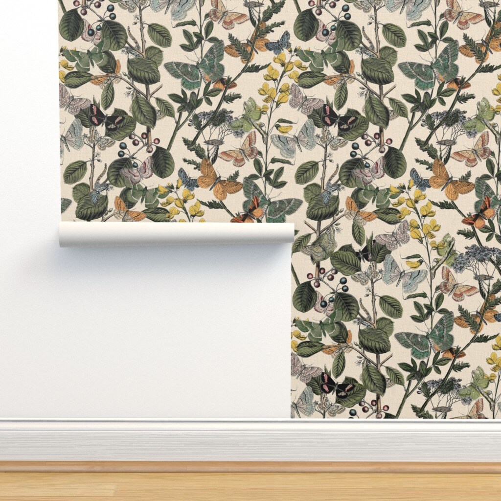Butterfly Garden Fall Botanical Vintage Plants Bugs Nature Historic Custom Removable Wallpaper by Spoonflower Peel & Stick Wallpaper 2FT Wide