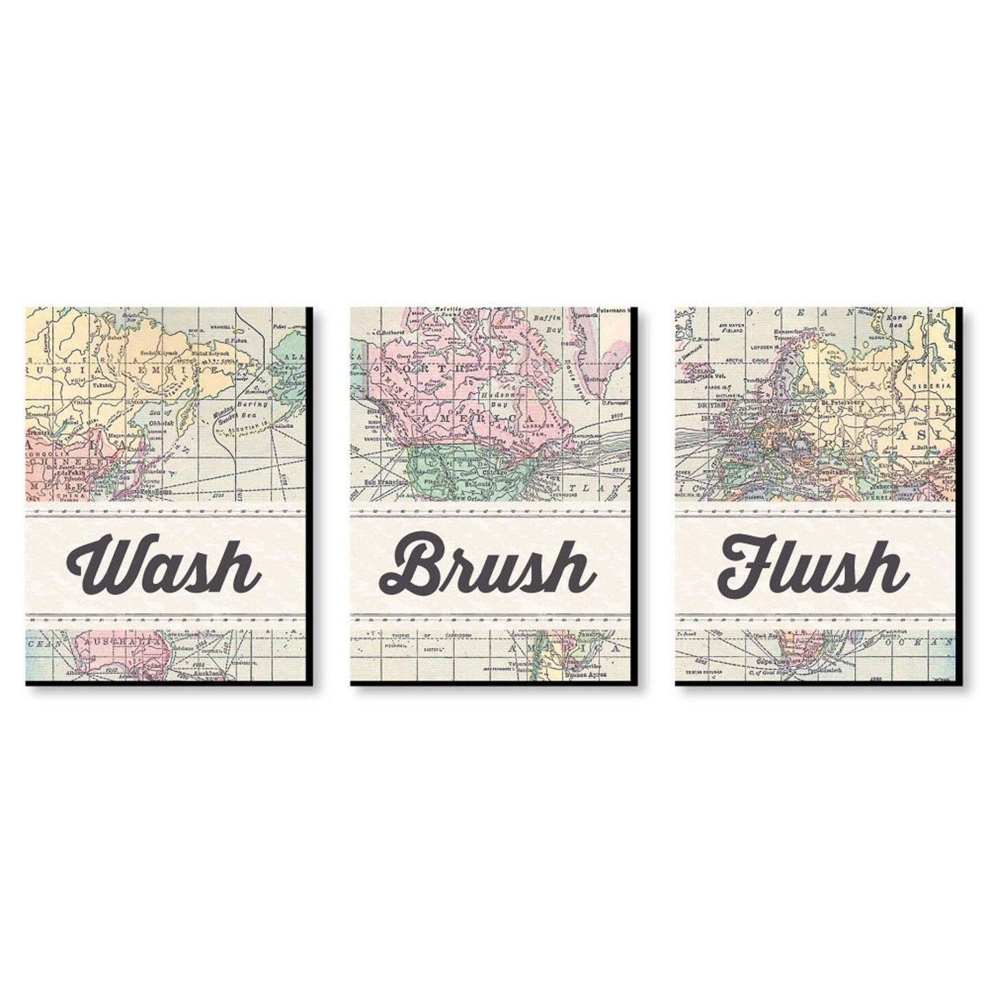 Big Dot of Happiness World Awaits - Travel Themed Kids Bathroom Rules Wall Art - 7.5 x 10 inches - Set of 3 Signs - Wash, Brush, Flush