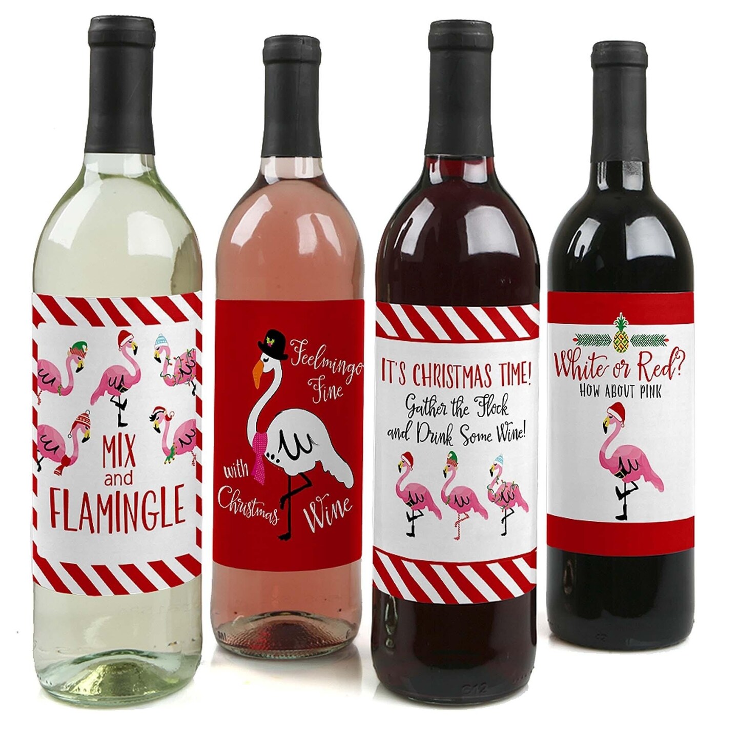 Big Dot of Happiness Flamingle Bells - Tropical Flamingo Christmas Decorations for Women and Men - Wine Bottle Label Stickers - Set of 4