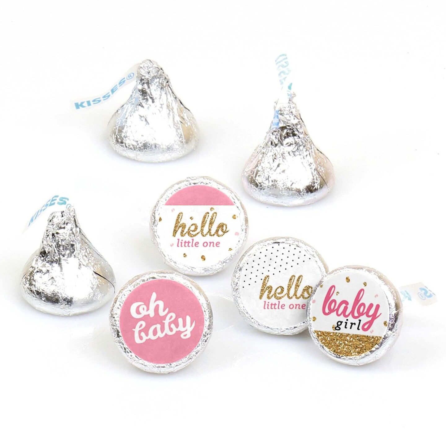 Big Dot of Happiness Hello Little One - Pink &#x26; Gold - Girl Baby Shower Party Round Candy Sticker Favors - Labels Fits Chocolate Candy (1 sheet of 108)