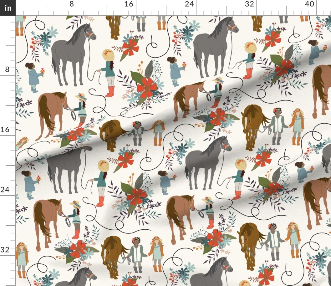 Horses Girls Black Horse Racing Kids Flowers Children Equestrian Custom Printed Fabric by Spoonflower Various Fabrics by the Yard or Fat Quarter
