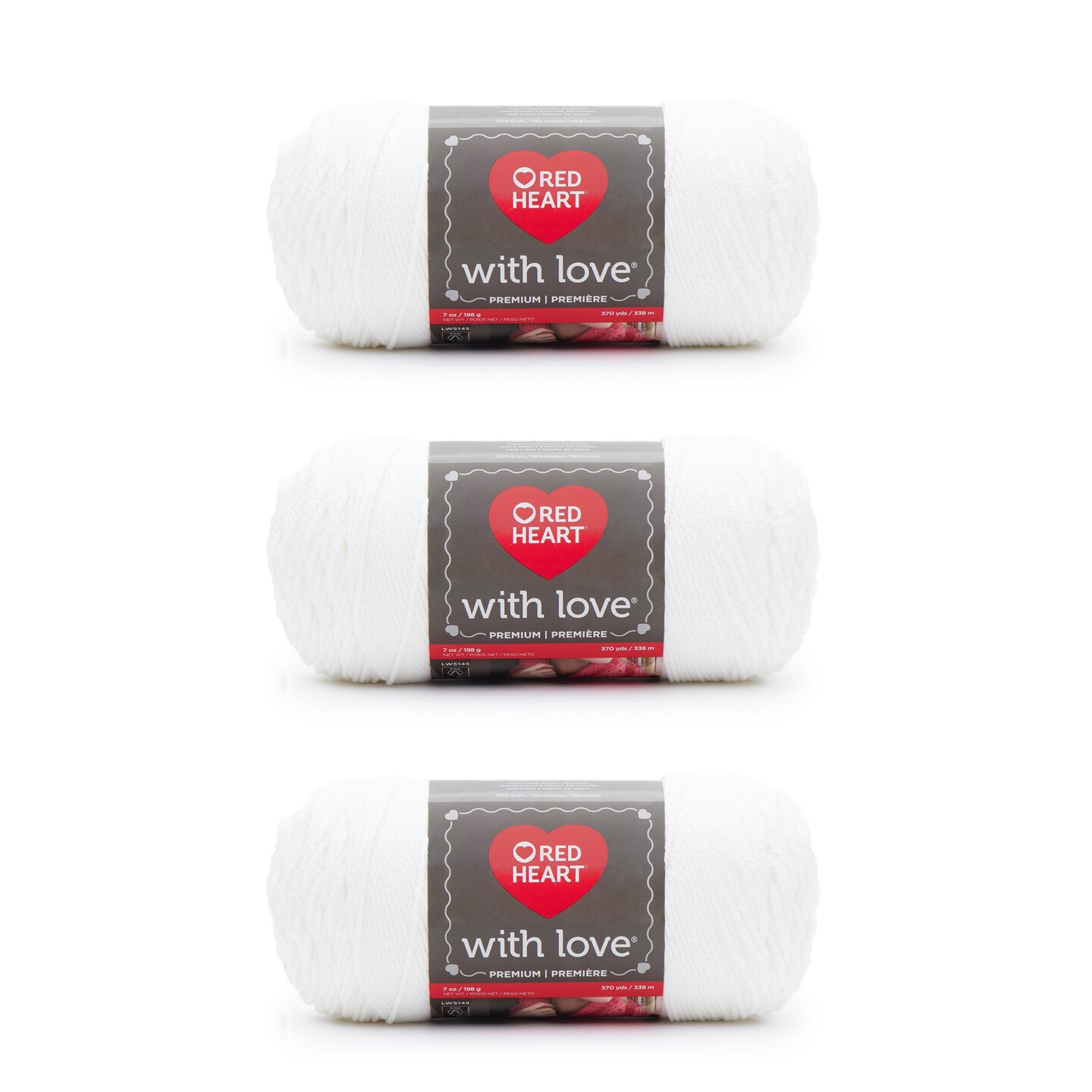 Red Heart With Love White Yarn - 3 Pack of 198g/7oz - Acrylic - 4 Medium (Worsted) - 370 Yards - Knitting/Crochet