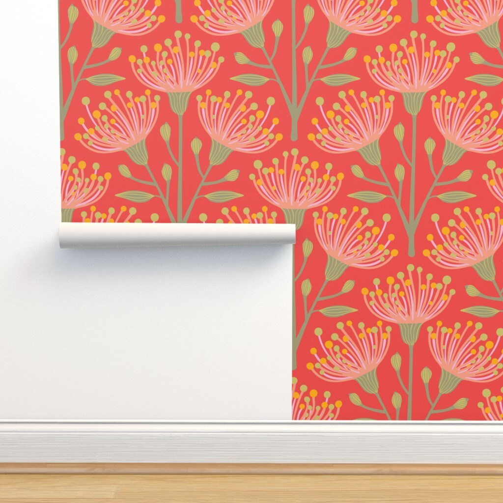 Modern Floral Coral Orange Botanical Custom Removable Wallpaper by Spoonflower Peel & Stick Wallpaper 2FT Wide