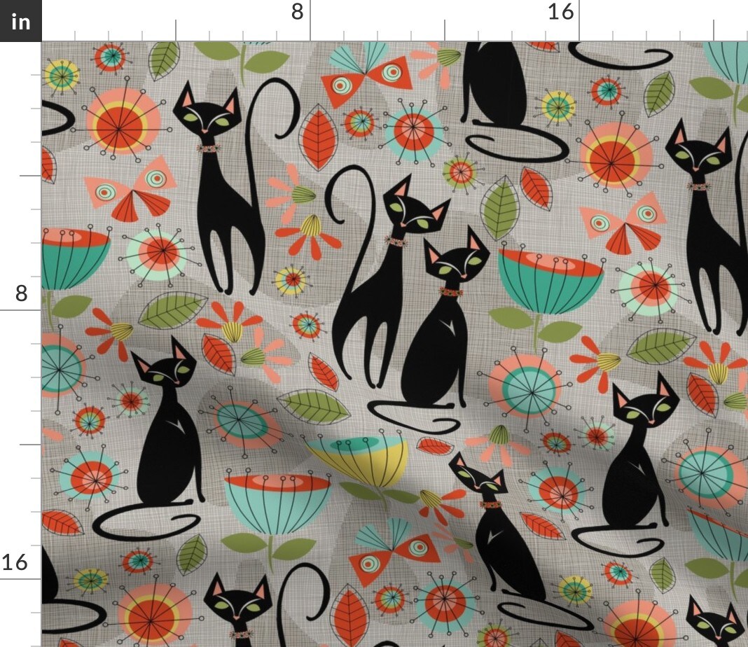 50'S Retro Cats Grey Vintage Feline Black Cat Custom Printed Fabric by Spoonflower Various Fabrics by the Yard or Fat Quarter