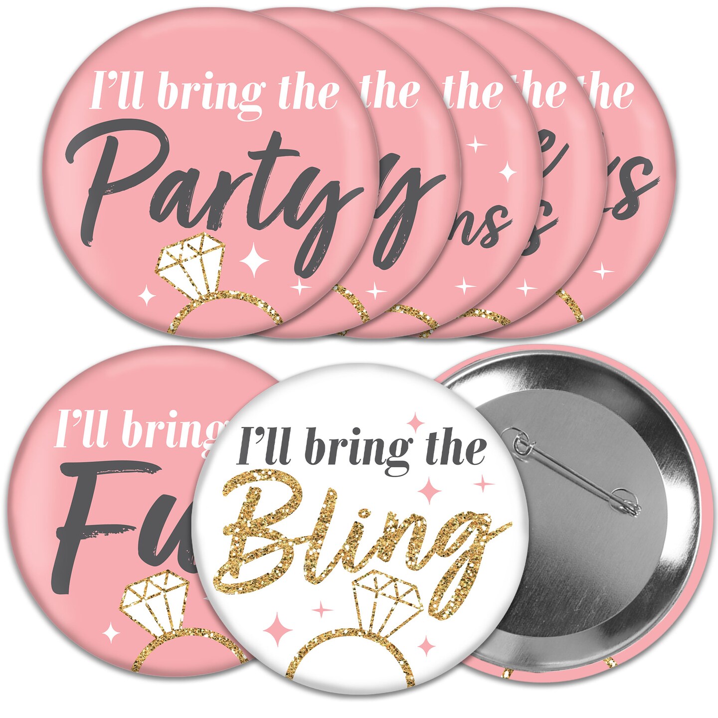 Big Dot of Happiness I&#x27;ll Bring the Bling - 3 inch Pink and Gold Bachelorette Party Badge - Pinback Buttons - Set of 8