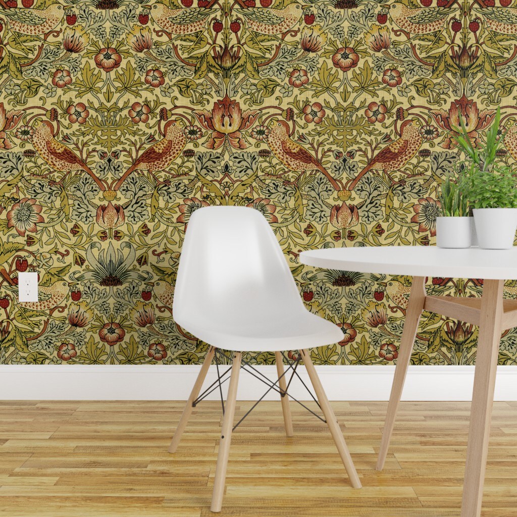 Pre-Pasted Wallpaper 2FT Wide Strawberry Cream Leaves Vines Birds ...