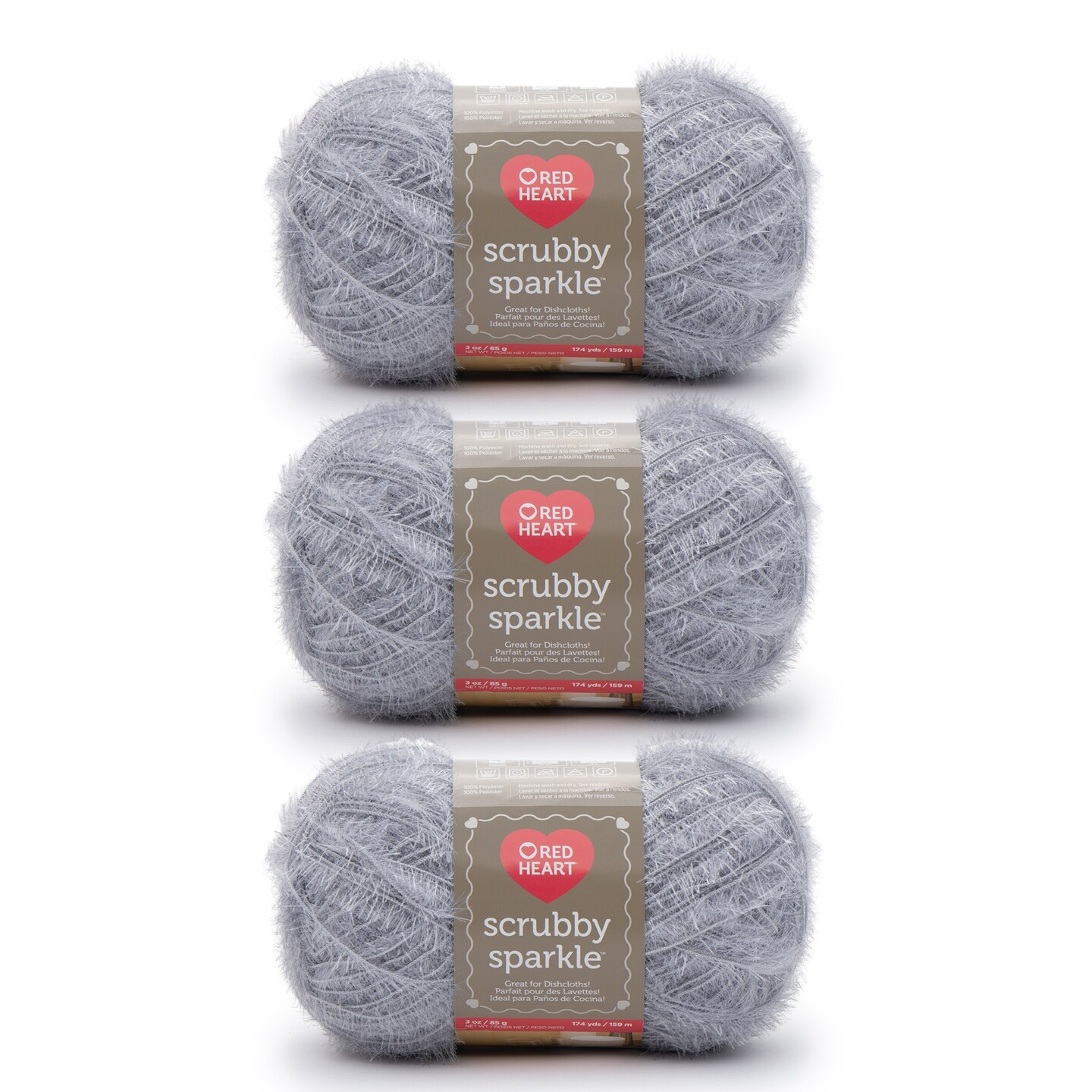 Red Heart Scrubby Sparkle Oyster Yarn - 3 Pack of 85g/3oz - Polyester - 4 Medium (Worsted) - 174 Yards - Knitting/Crochet
