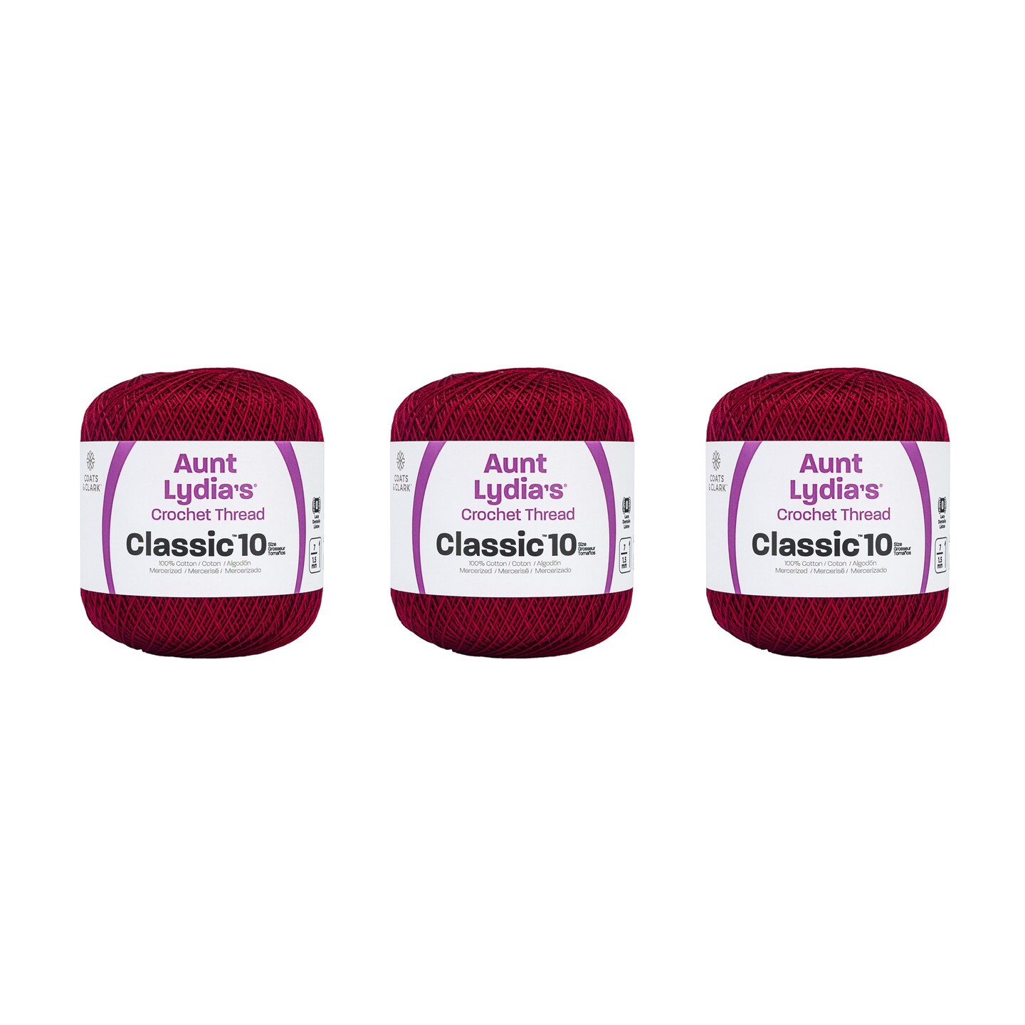 Aunt Lydia Classic Burgundy Crochet - 3 Pack of 350y/320m - Cotton - Gauge 10 - Crochet