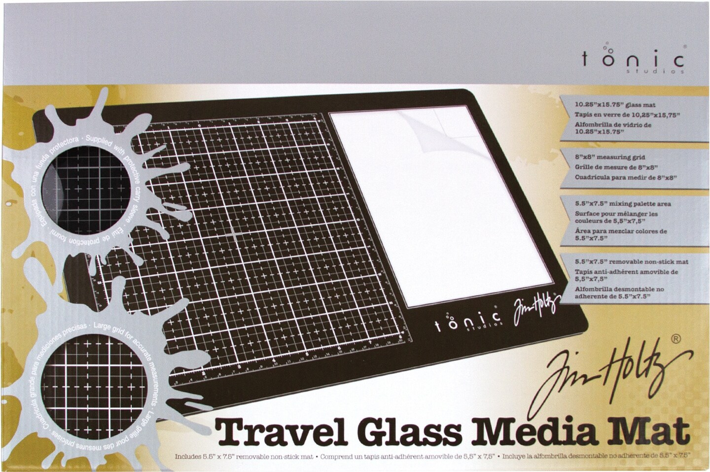 Tim Holtz Travel Glass Cutting Mat - Portable Work Surface with 8x8 Measuring Grid and Palette for Mixed Media - Art Supplies with Carry Case