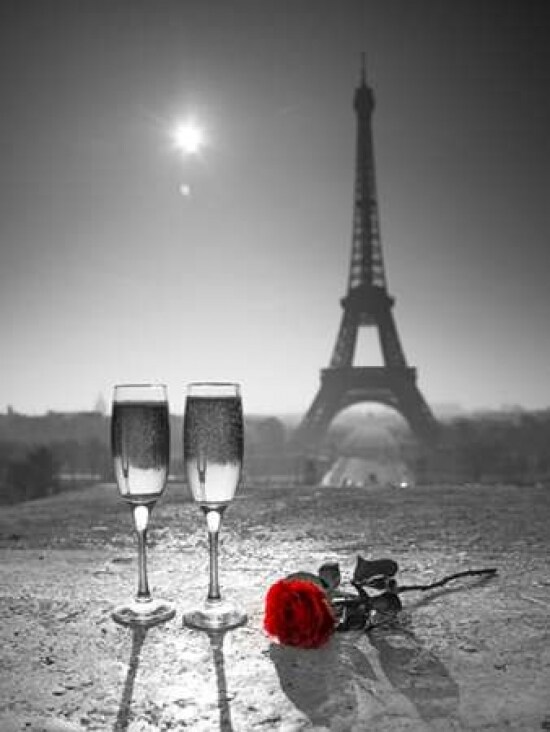 Champagne glasses with red rose next to the Eiffel tower Poster Print by  Assaf Frank - Item # VARPDXAF20120314381C04