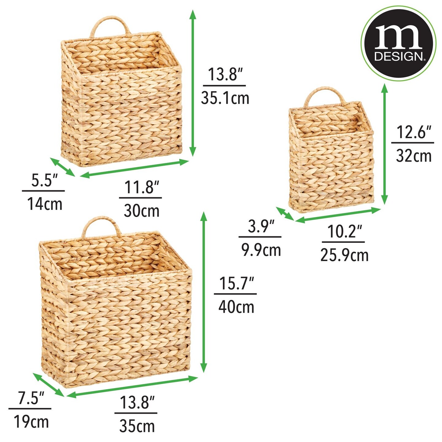 mDesign Woven Water Hyacinth Hanging Wall Storage Basket - Set of 3, Natural