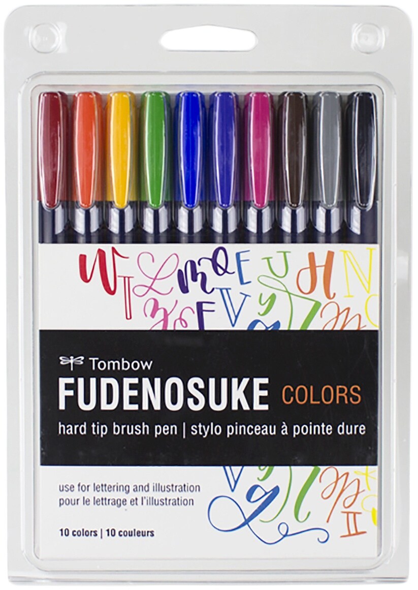 Tombow Fudenosuke Colors Hard Tip Brush Pens 10/Pkg-Assorted Colors