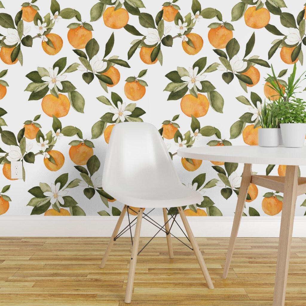 Peel &#x26; Stick Wallpaper 2FT Wide Orange Blossom Oranges Blossoms Spring Fruit Citrus Summer Botanical Floral Custom Removable Wallpaper by Spoonflower