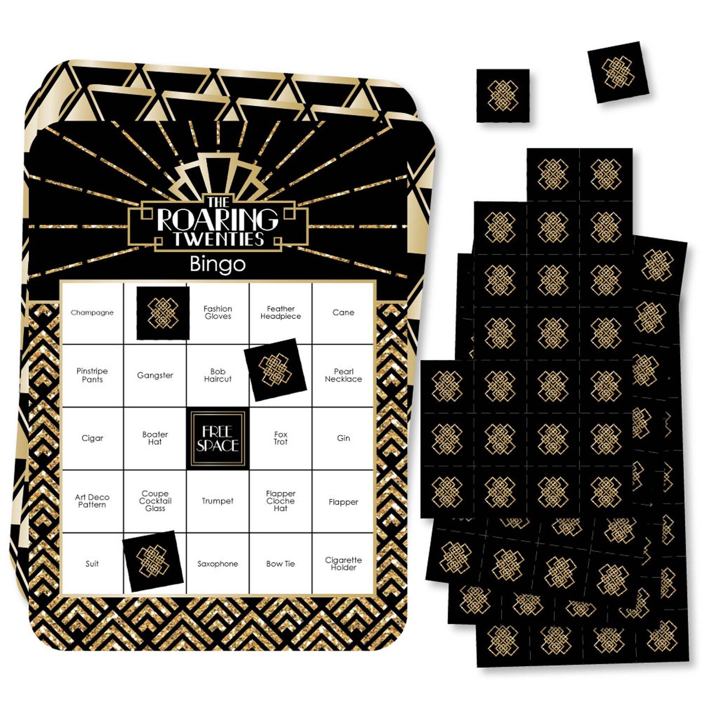 Big Dot of Happiness Roaring 20&#x27;s - Bar Bingo Cards and Markers - 1920s Art Deco Jazz Party Bingo Game - Set of 18