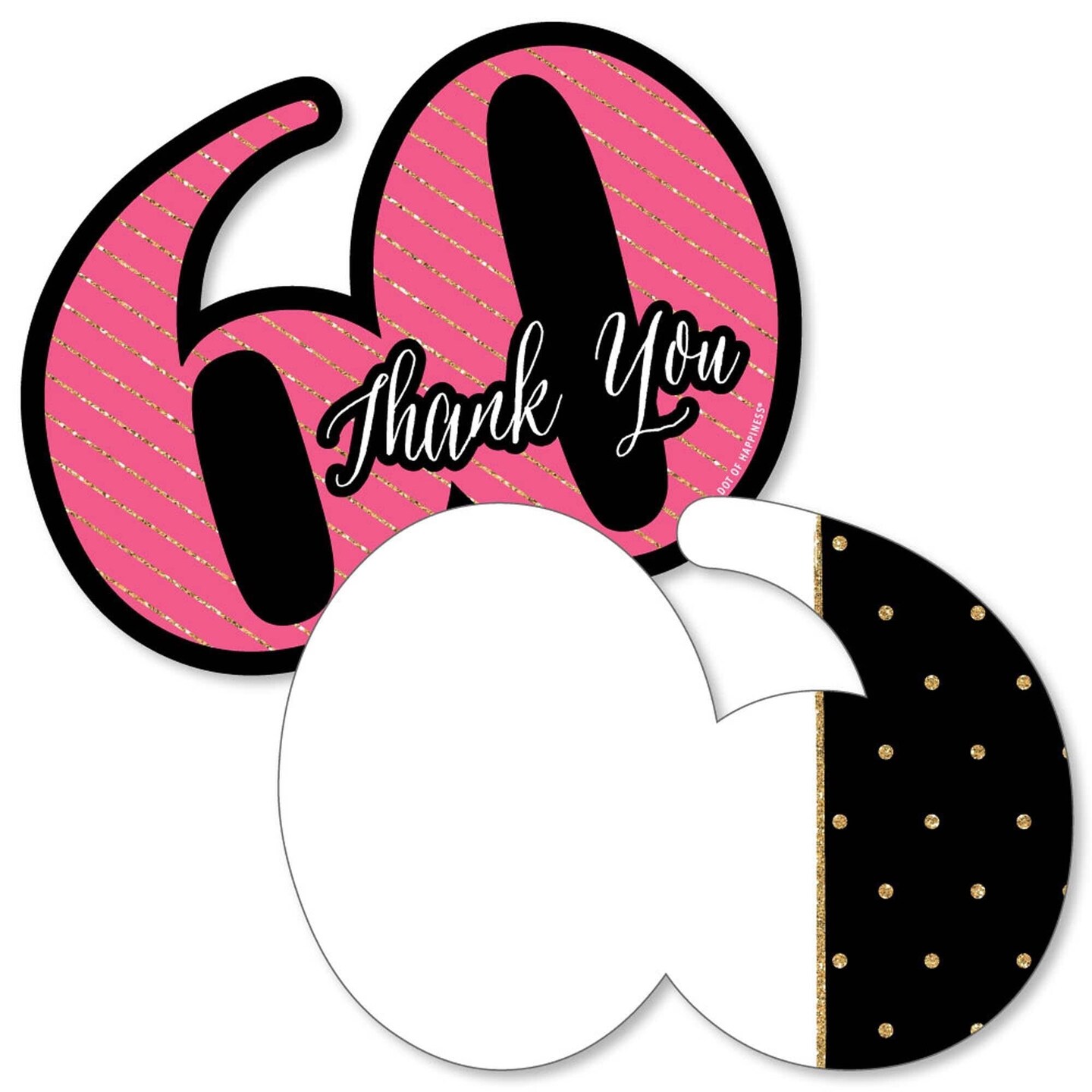Big Dot of Happiness Chic 60th Birthday - Pink, Black &#x26; Gold - Shaped Thank You Cards - Birthday Party Thank You Note Cards with Envelopes - Set of 12