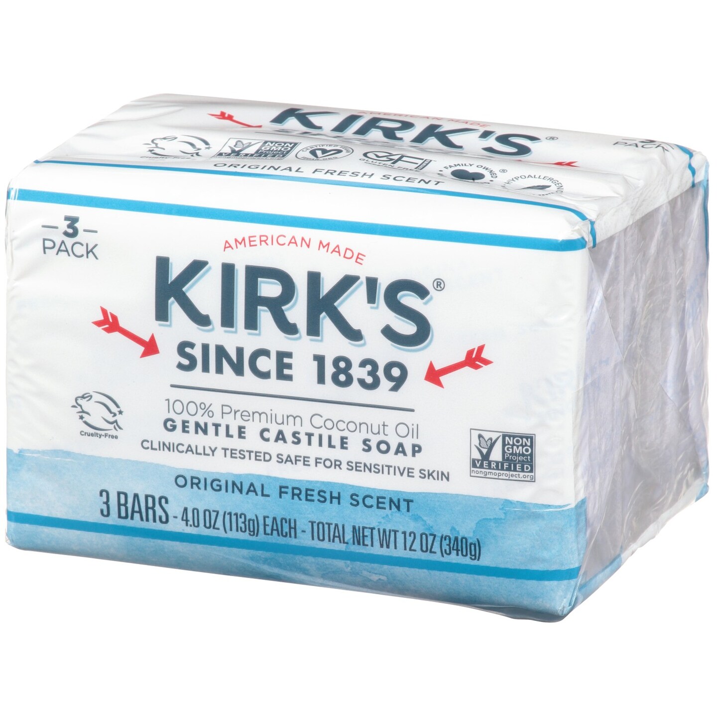 Kirk&#x27;s Natural Castile Soap, Original, Clean Smelling, USA Made, 4 Oz, Pack of 3