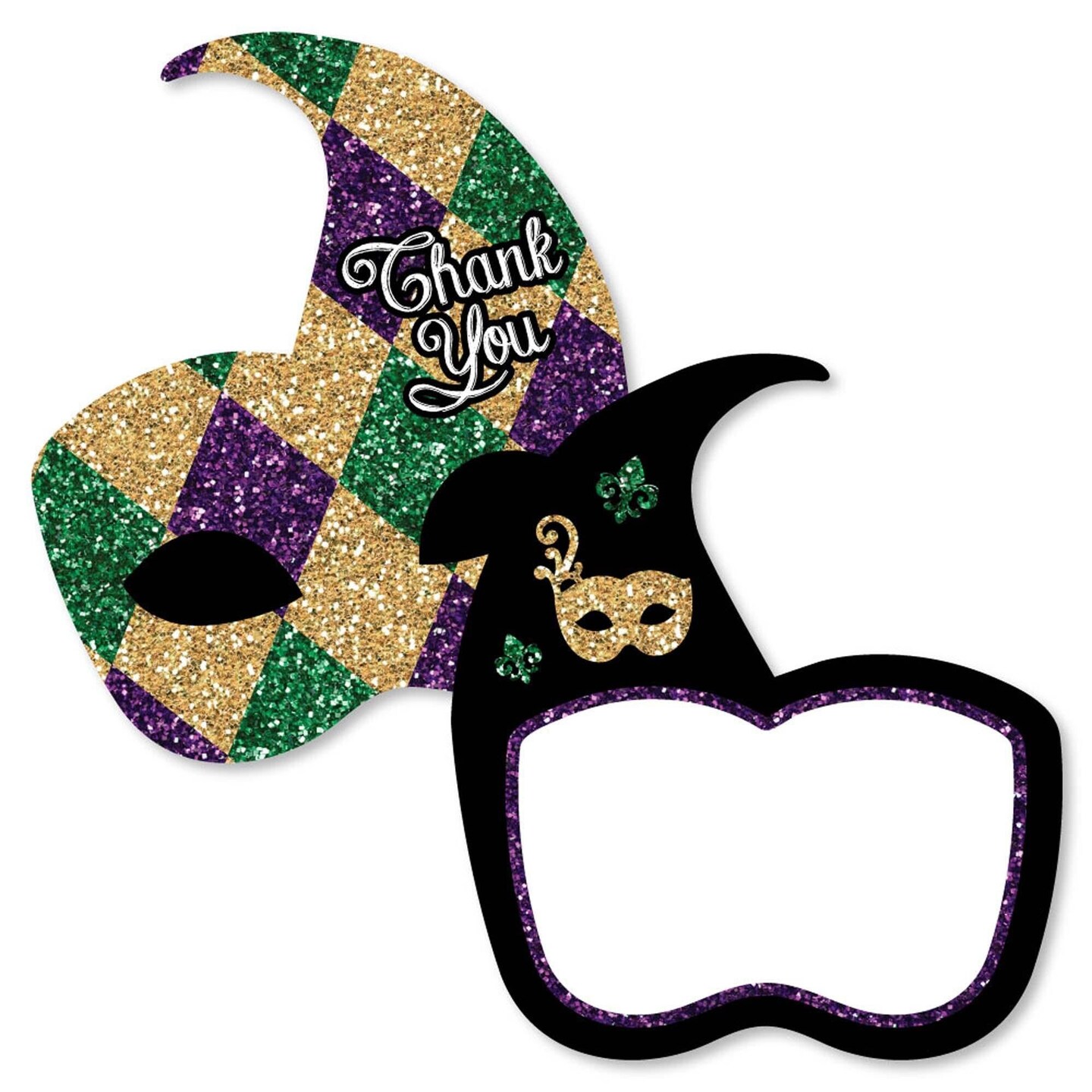 Big Dot of Happiness Mardi Gras - Shaped Thank You Cards - Masquerade Party Thank You Note Cards with Envelopes - Set of 12