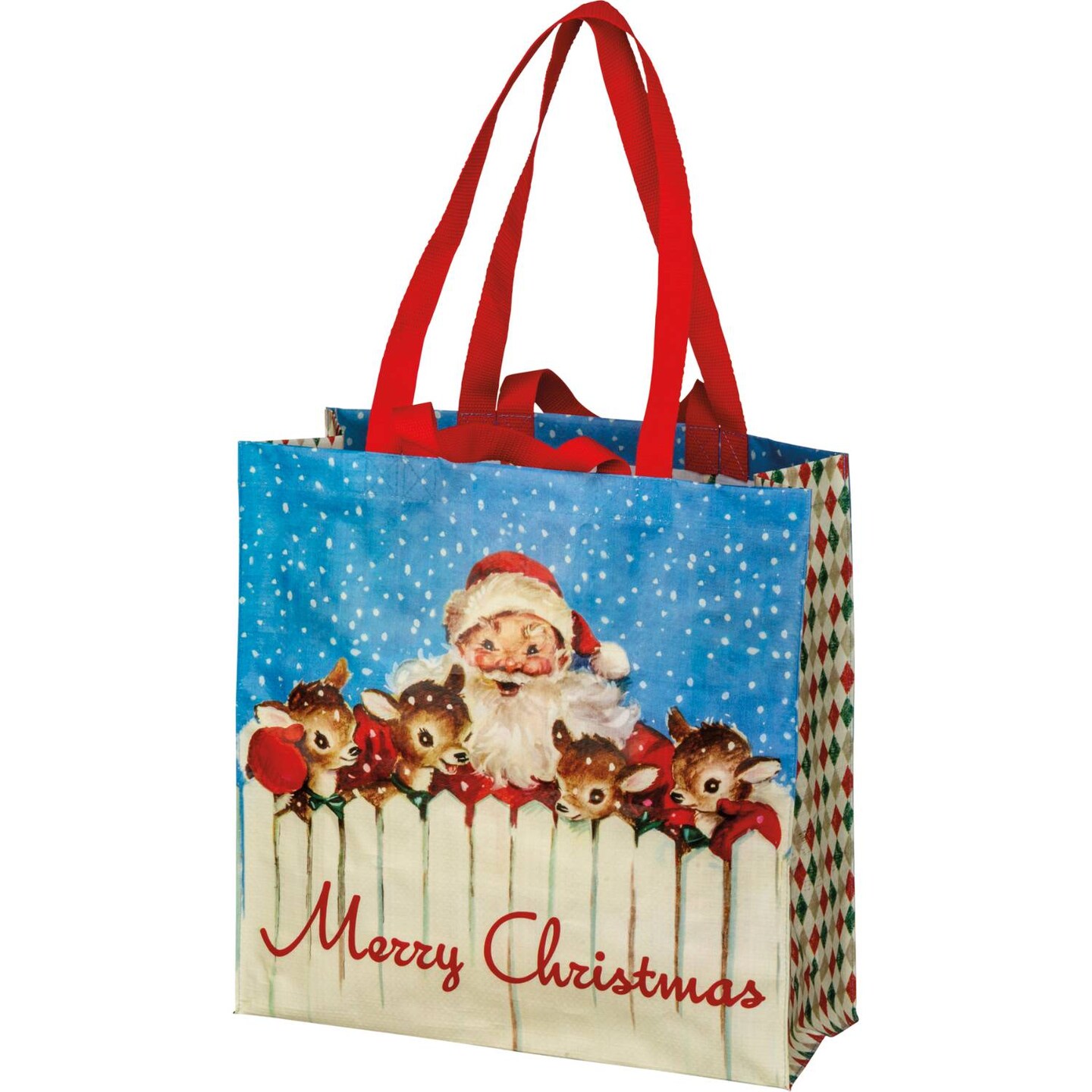 Primitives by Kathy Market Tote Bag, Holiday Santa and Reindeer, 15.5 x 15.25 inch Nylon