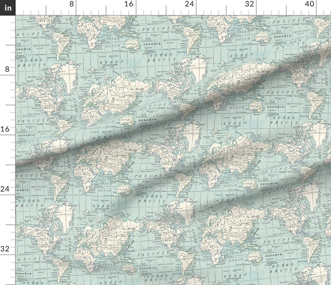 Vintage Maps Blue And Cream World Map Geography Countries Travel Custom Printed Fabric by Spoonflower Various Fabrics by the Yard or Fat Quarter