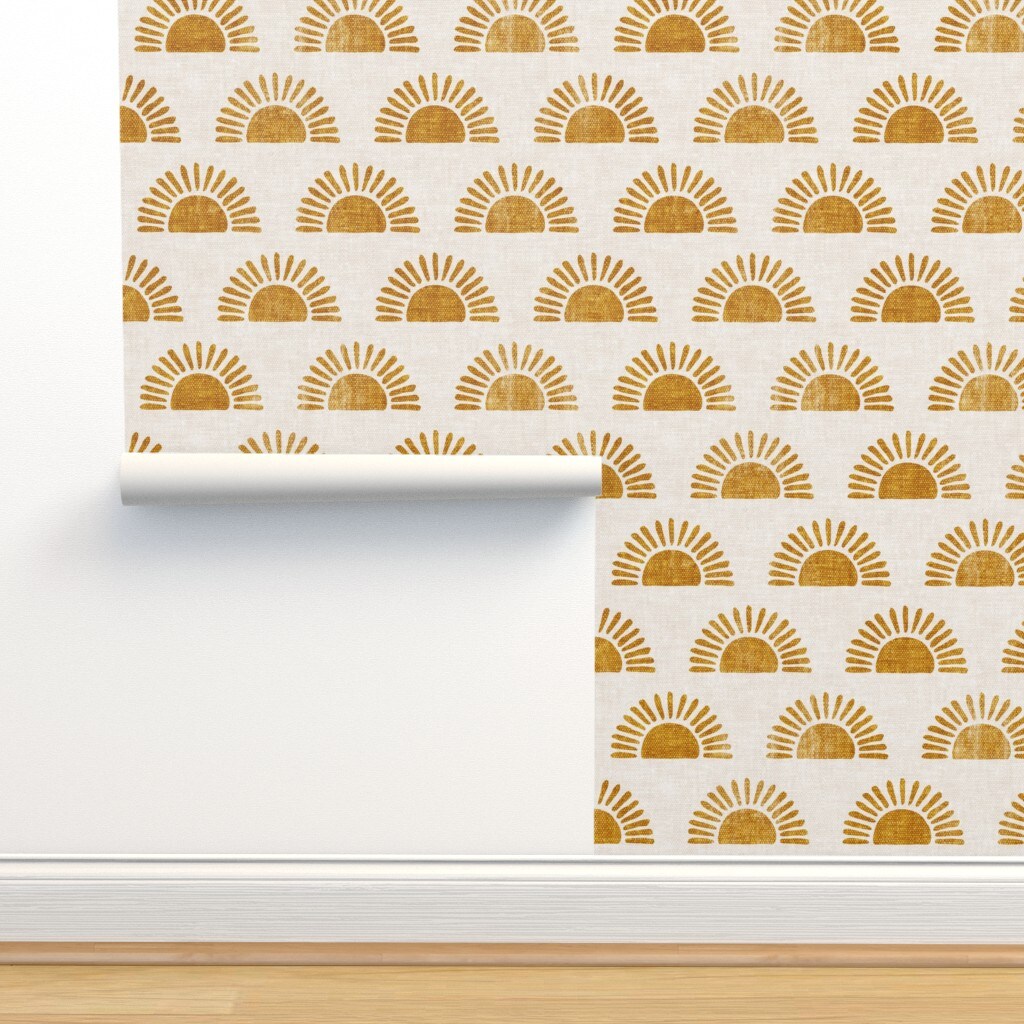 Boho Block Print Sun Sunshine In Golden Orange Custom Removable Wallpaper by Spoonflower Peel & Stick Wallpaper 2FT Wide