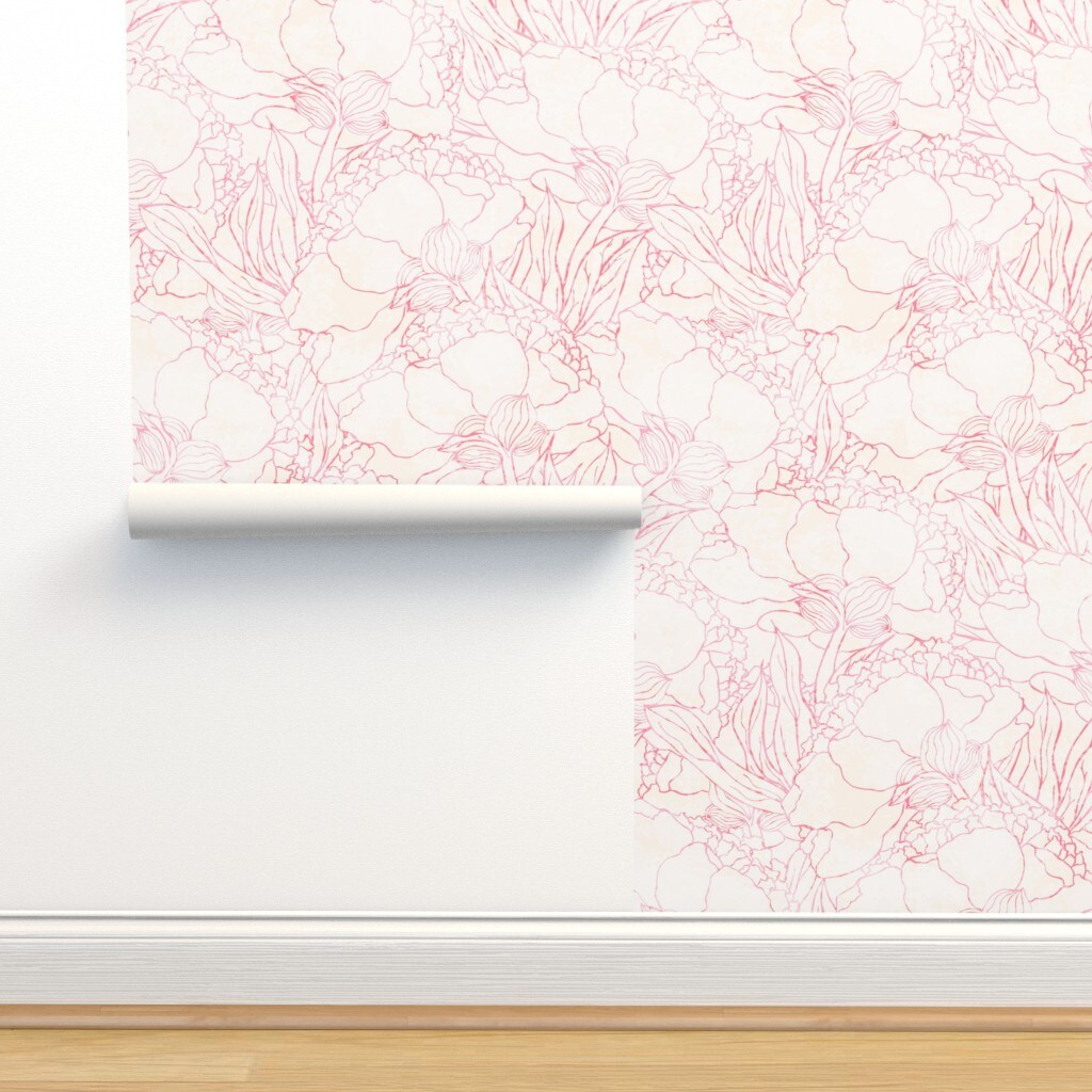 Pink Flower Floral Blossom Outline Peony Botanical Light Pat Custom Pre-pasted Wallpaper by Spoonflower Pre-Pasted Wallpaper 2FT Wide