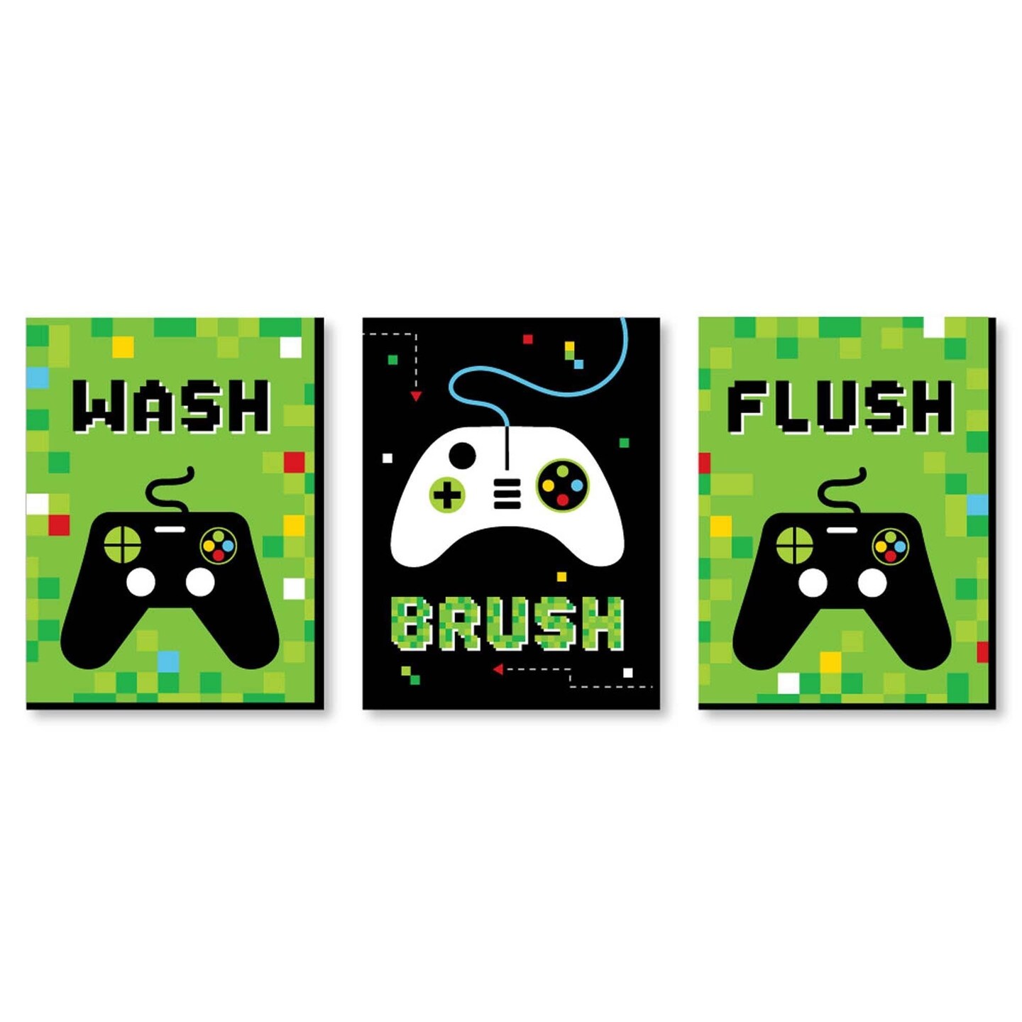 Big Dot of Happiness Game Zone - Kids Bathroom Rules Wall Art - 7.5 x 10 inches - Set of 3 Signs - Wash, Brush, Flush