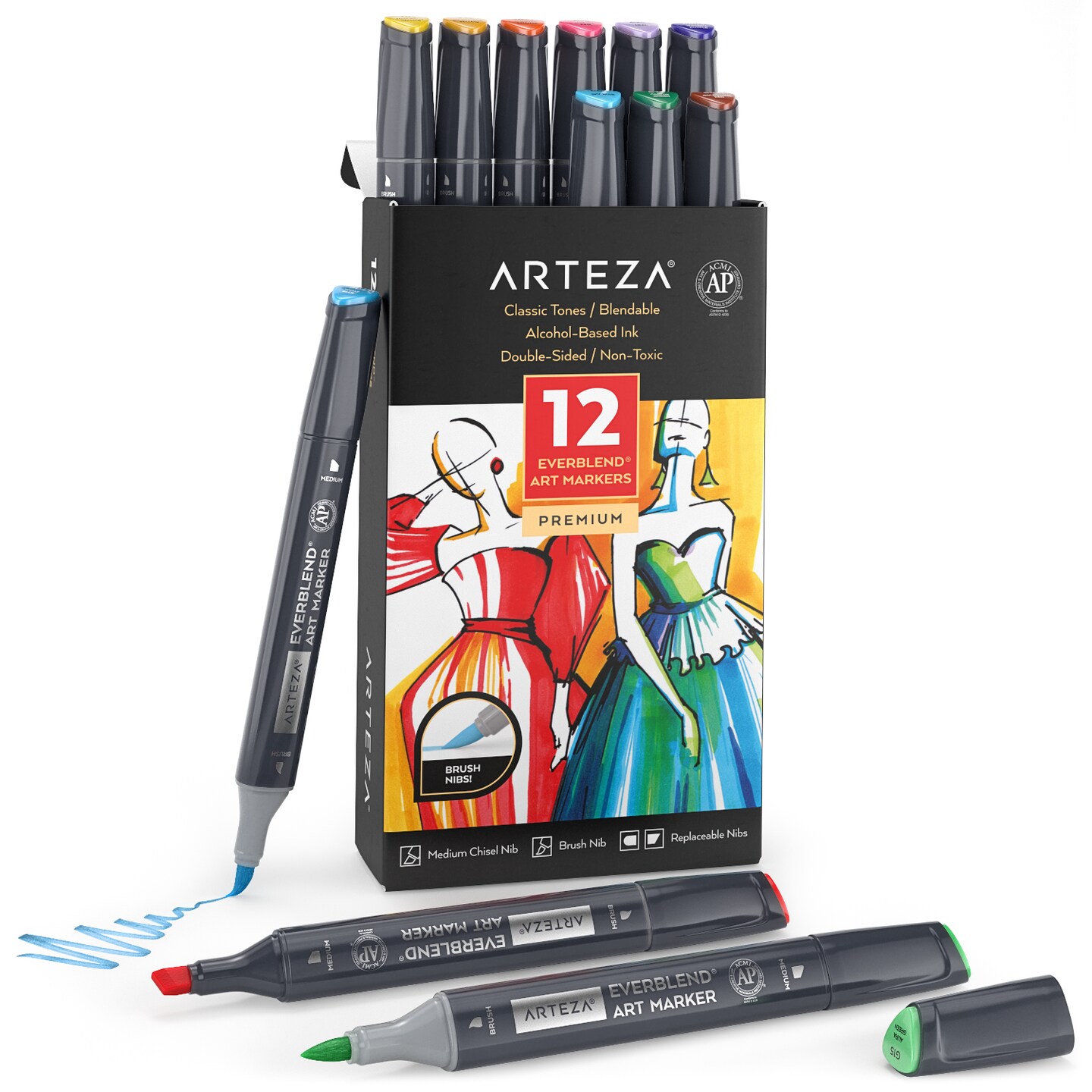 Arteza Professional EverBlend Dual Tip Ultra Artist Brush Sketch Markers, Bright Colors, Replaceable Tips - 12 Pack
