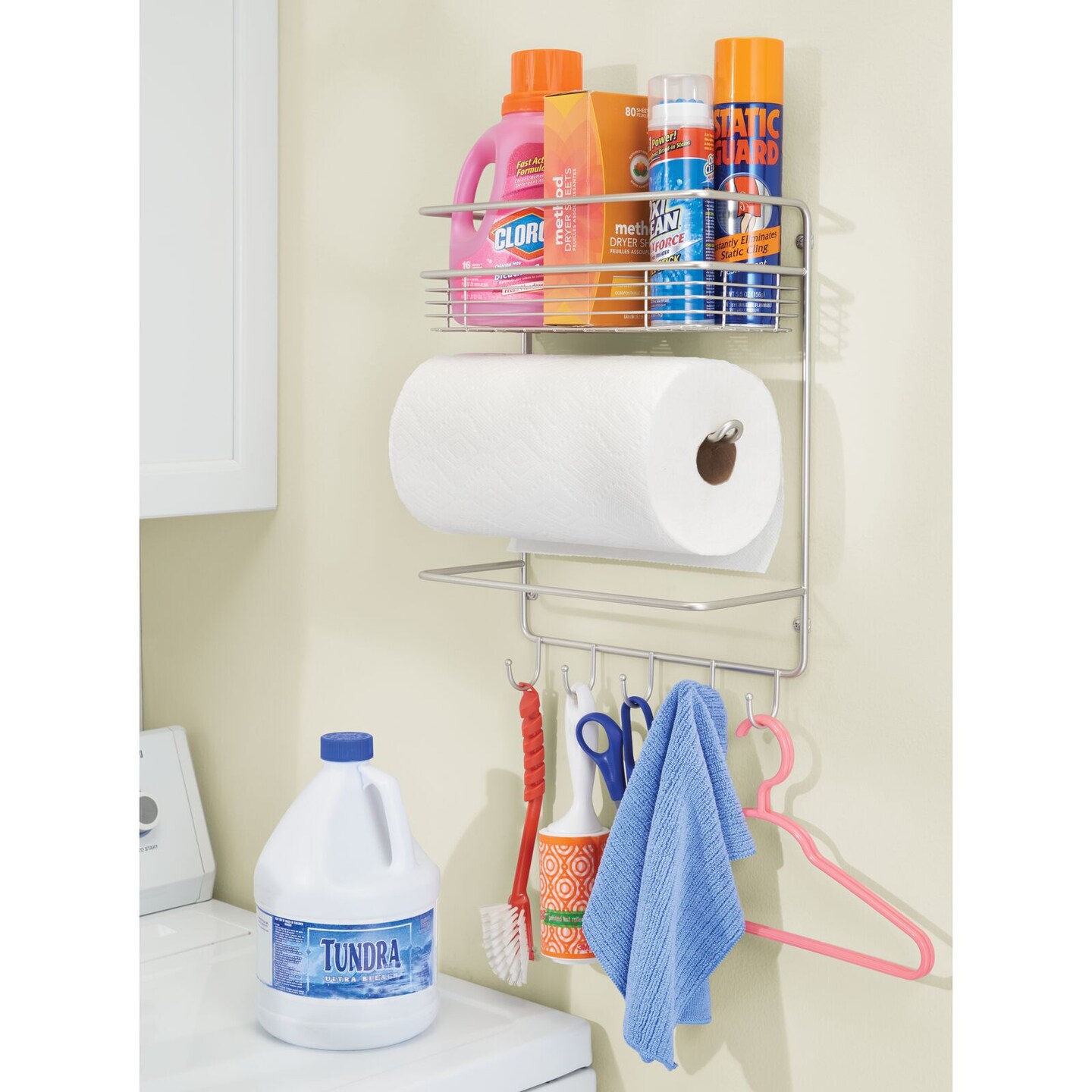mDesign Metal Wall Mount Paper Towel Holder with Storage Shelf/Hooks