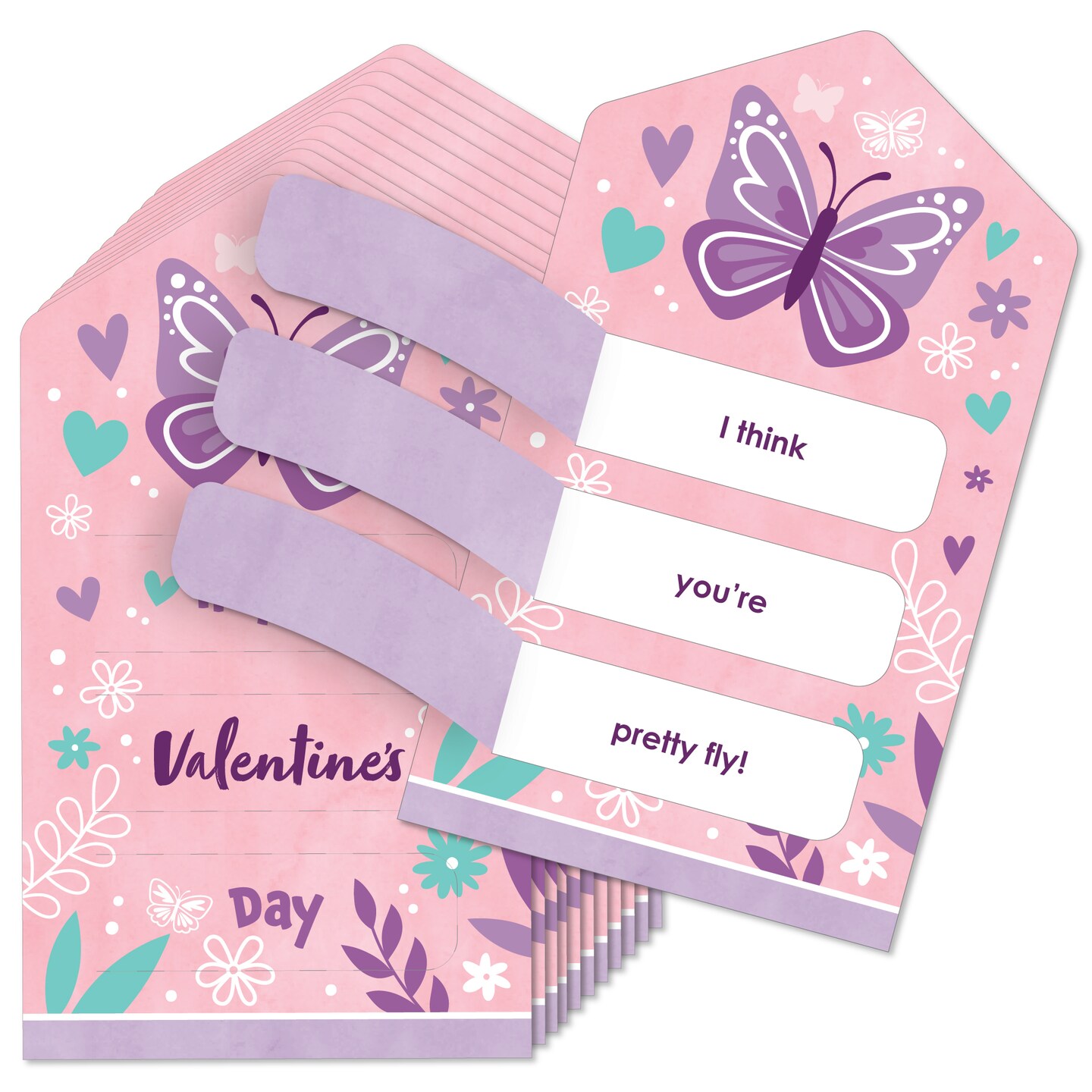Big Dot of Happiness Beautiful Butterfly - Floral Cards for Kids - Happy Valentine&#x27;s Day Pull Tabs - Set of 12
