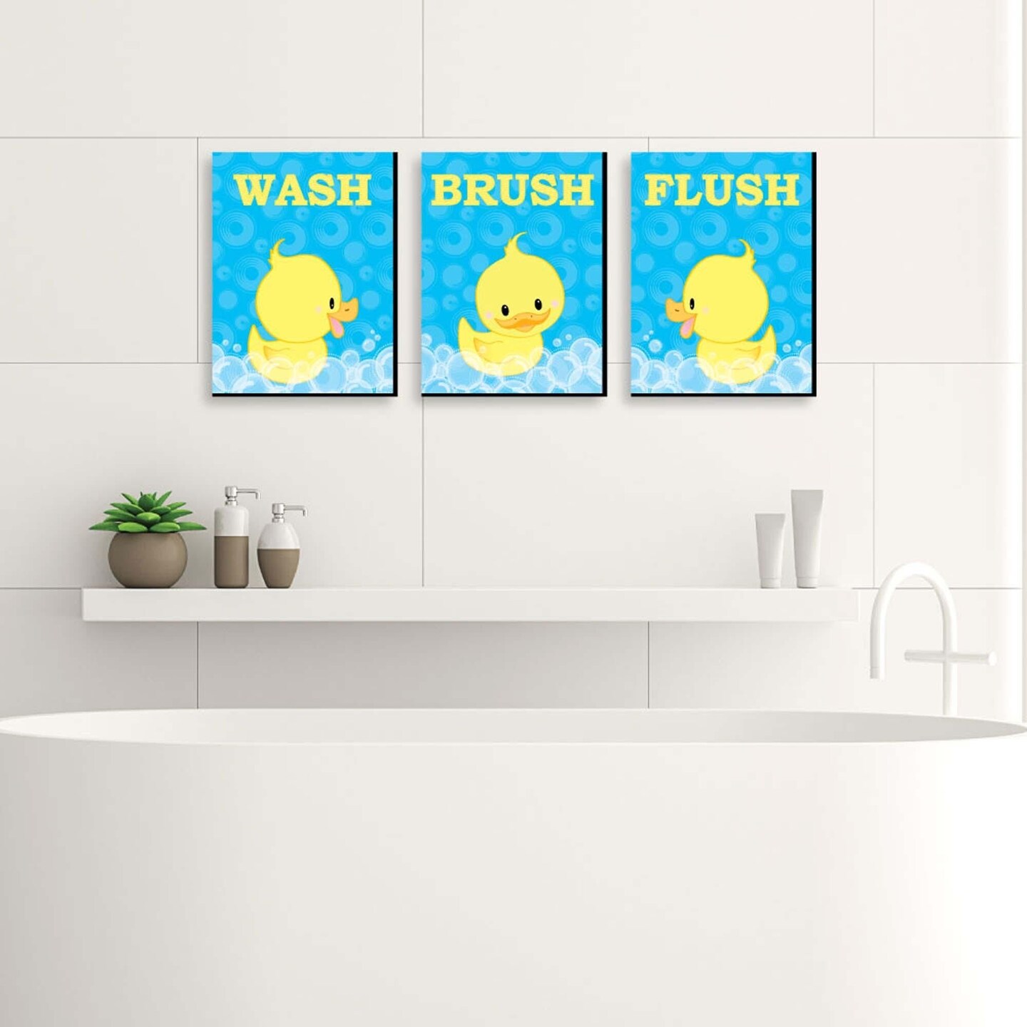 Big Dot of Happiness Ducky Duck - Kids Bathroom Rules Wall Art - 7.5 x 10 inches - Set of 3 Signs - Wash, Brush, Flush