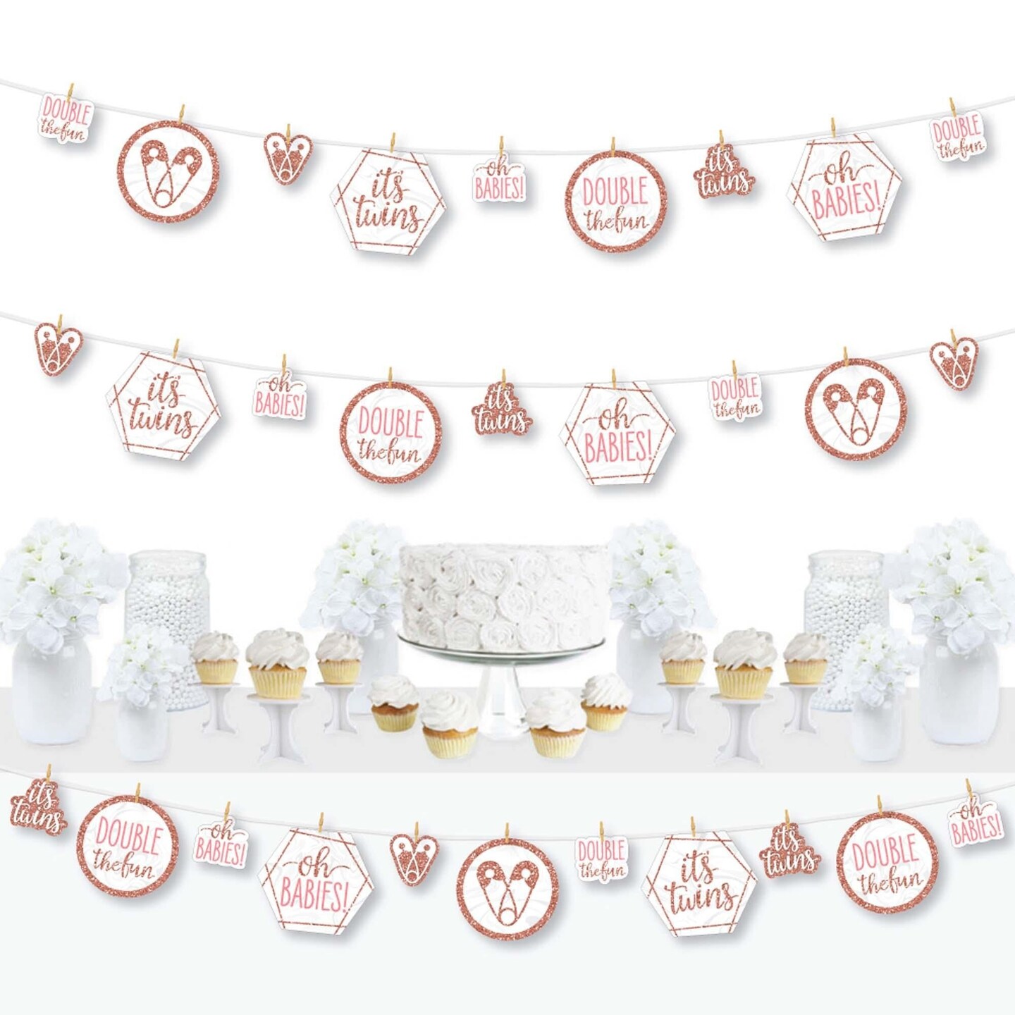 Big Dot of Happiness It&#x27;s Twin Girls - Pink and Rose Gold Twins Baby Shower DIY Decorations - Clothespin Garland Banner - 44 Pieces