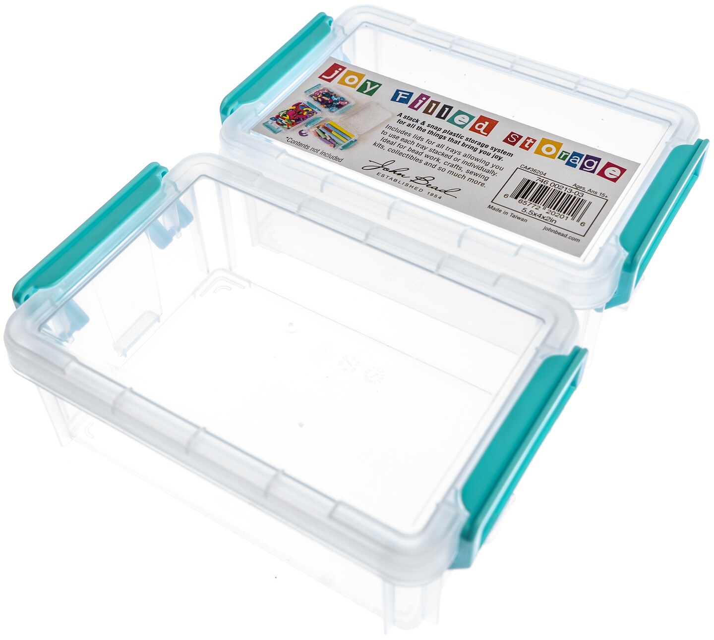 John Bead Joy Filled Storage Stackable Containers 2/Pkg-Clear/Turquoise 5.5"X4"X2"