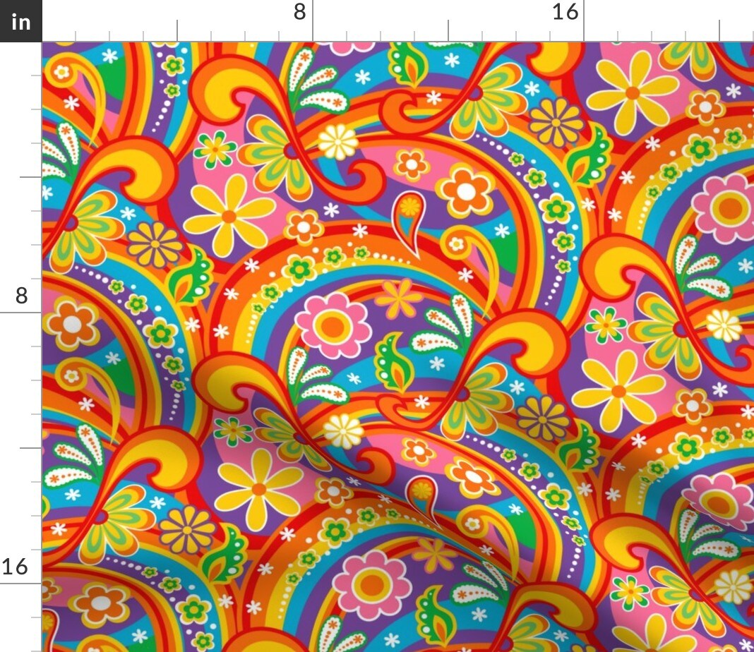 1960S Psychedelic Flower Power Flowers Colorful Rainbows Red Pink Orange Purple Costume Custom Printed Fabric by Spoonflower Various Fabrics by the Yard or Fat Quarter