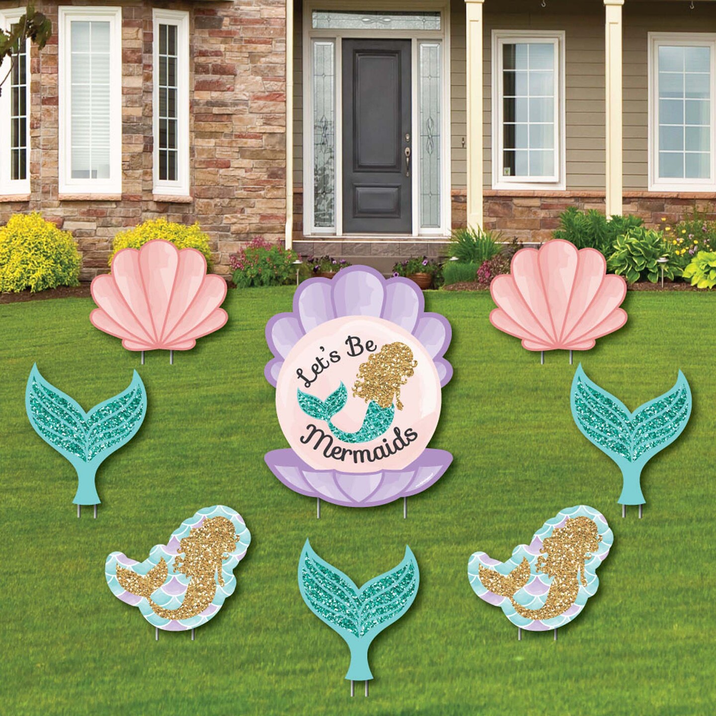 Big Dot of Happiness Let&#x27;s Be Mermaids - Yard Sign &#x26; Outdoor Lawn Decorations - Baby Shower or Birthday Party Yard Signs - Set of 8