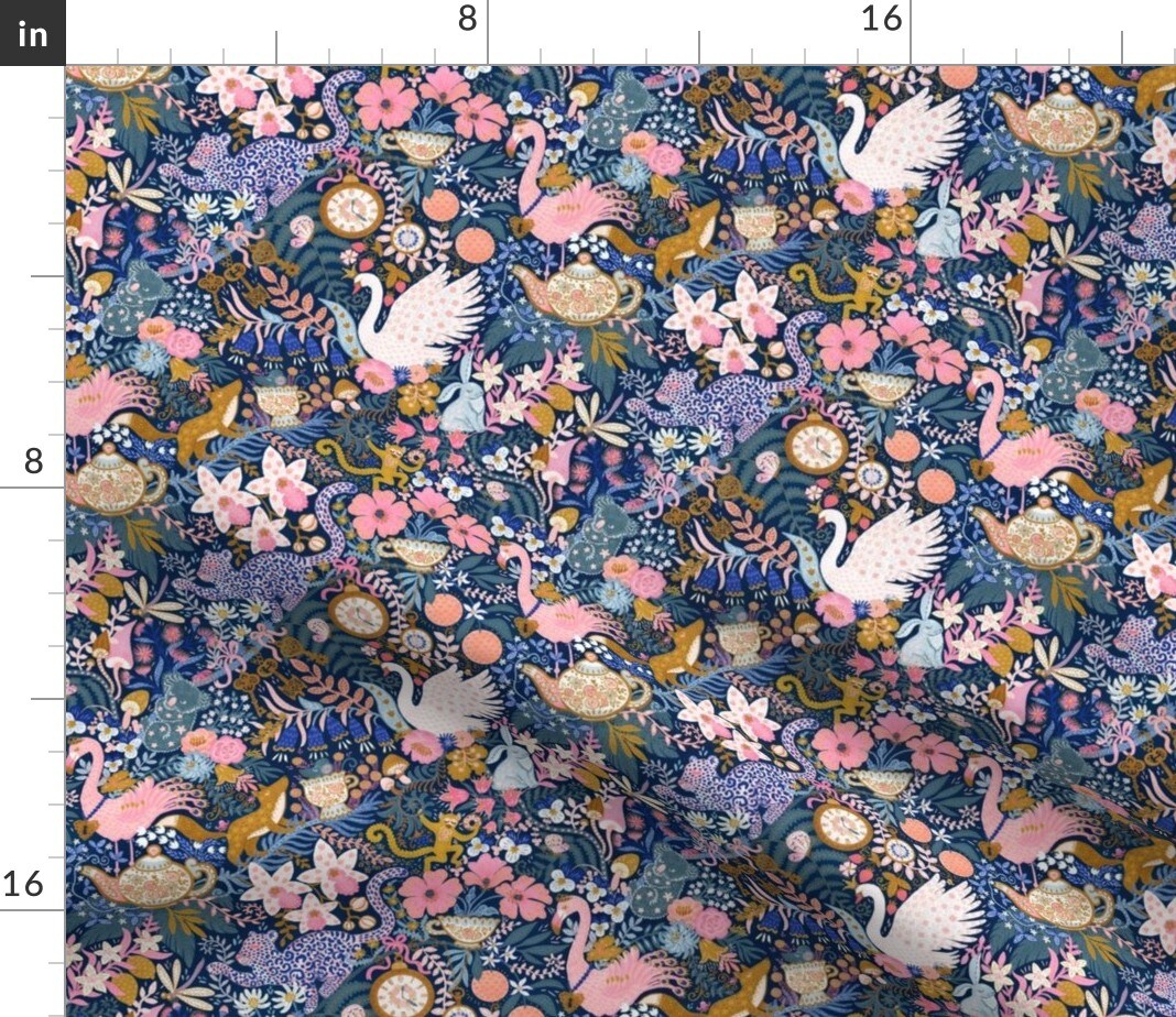 Maximalist Tea Party Whimsical Chintz Pink Purple Mustard Swans And Flamingos Custom Printed Fabric by Spoonflower Various Fabrics by the Yard or Fat Quarter