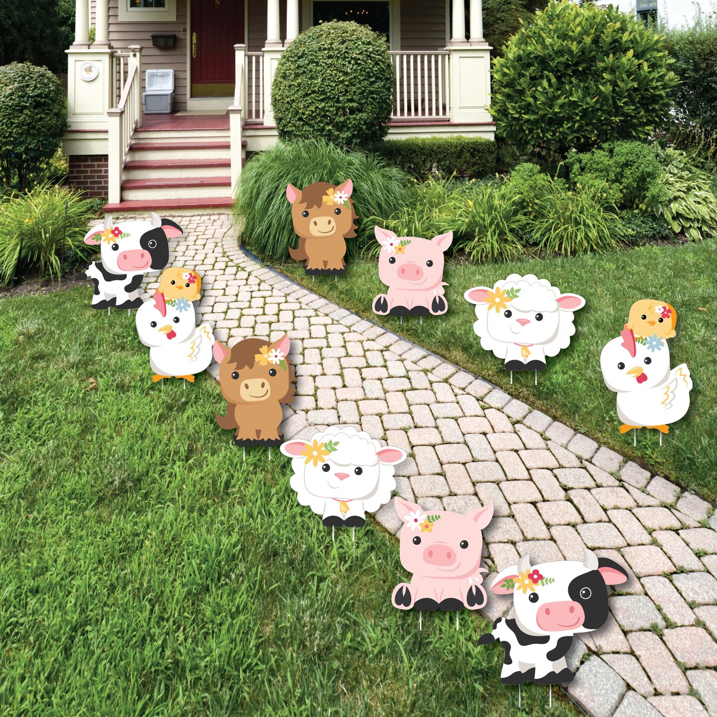 Big Dot of Happiness Girl Farm Animals - Lawn Decorations - Outdoor Pink Barnyard Baby Shower or Birthday Party Yard Decorations - 10 Piece