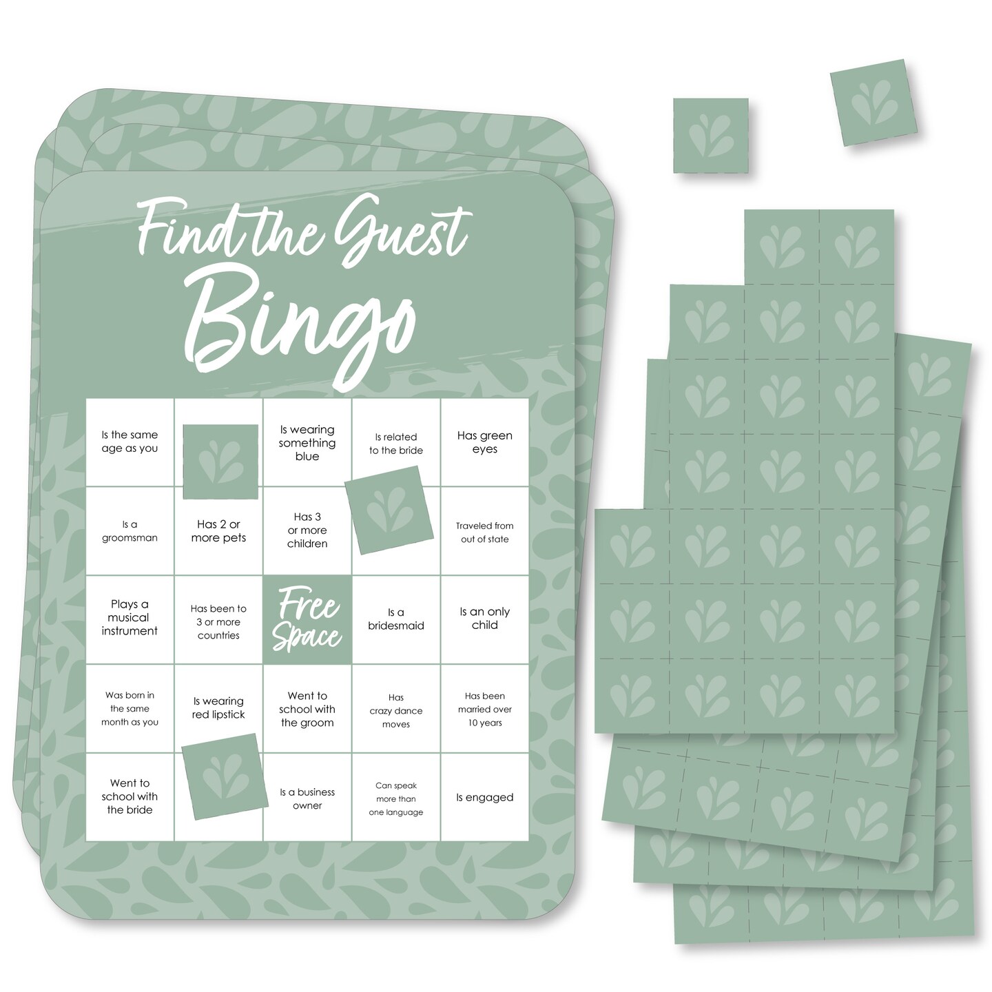 Big Dot of Happiness Sage Green Elegantly Simple - Find the Guest Bingo Cards and Markers - Wedding &#x26; Bridal Shower Bingo Game  Set of 18
