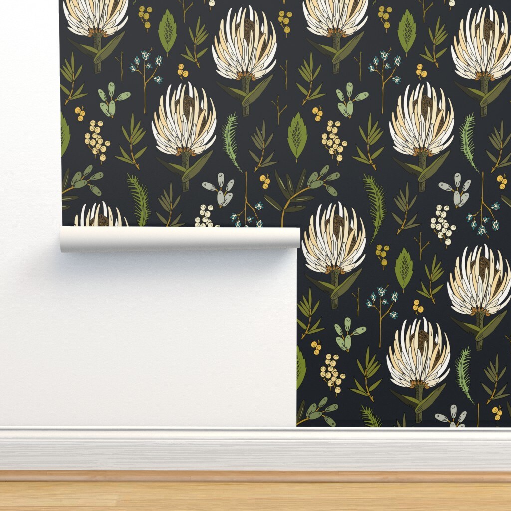 Protea Neutral Floral Botanical Botany Leaf Boho Nature Kitchen Decor Spring Custom Removable Wallpaper by Spoonflower Peel & Stick Wallpaper 2FT Wide