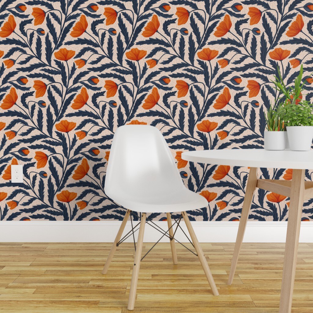 Peel &#x26; Stick Wallpaper 2FT Wide Poppy Flower Blue And Orange Custom Removable Wallpaper by Spoonflower