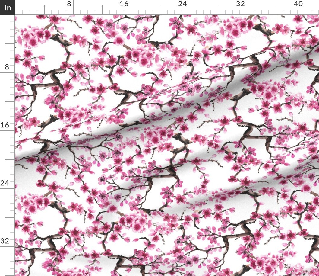 Petal Signature Cotton by the Yard or Fat Quarter Cherry Blossoms Spring Flower Pink Watercolor Japanese Inspired Tree Floral Custom Printed Fabric by Spoonflower