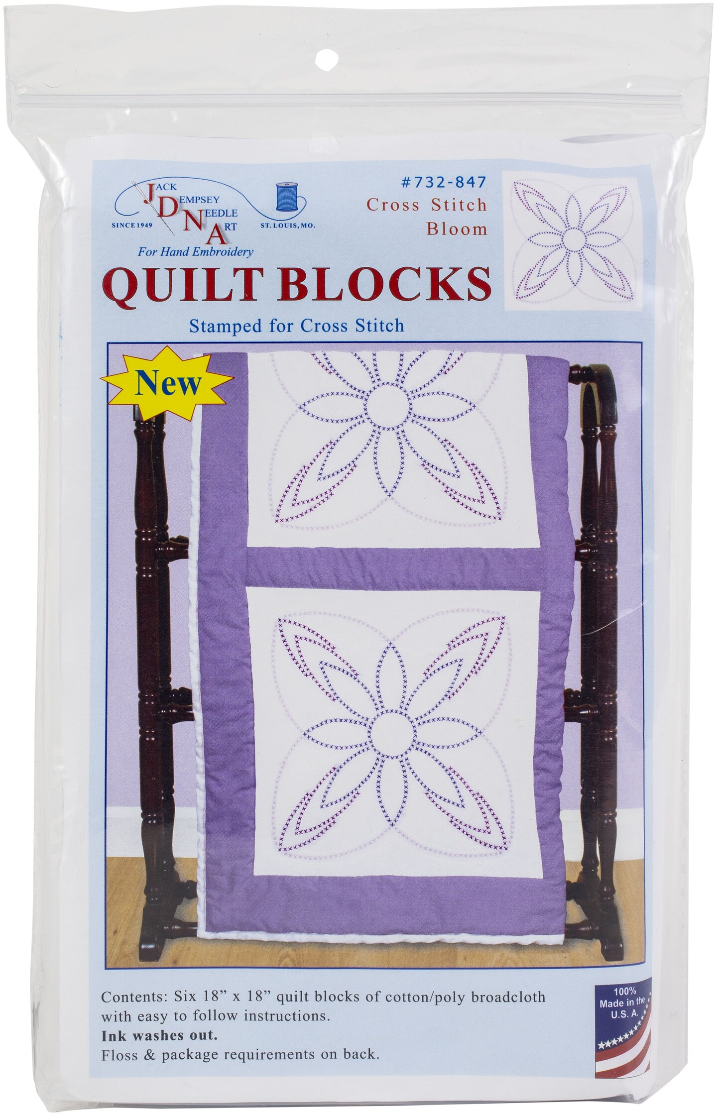 Jack Dempsey Stamped White Quilt Blocks 18"X18" 6/Pkg-Cross-Stitch Bloom